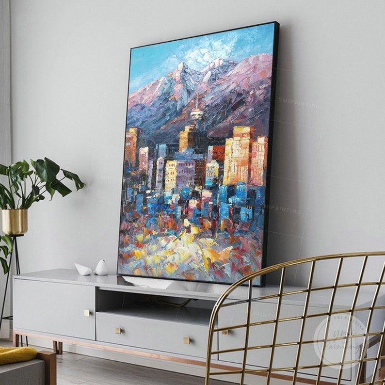 Vancouver skyline oil painting, capturing the dynamic beauty of the city with textured palette knife technique.