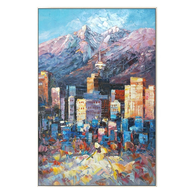 Vancouver cityscape oil painting, expressive city skyline art with rich texture and brushstrokes.