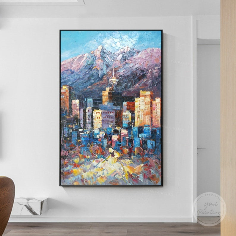 Vancouver skyline art, hand-painted cityscape on canvas with expressive palette knife strokes.