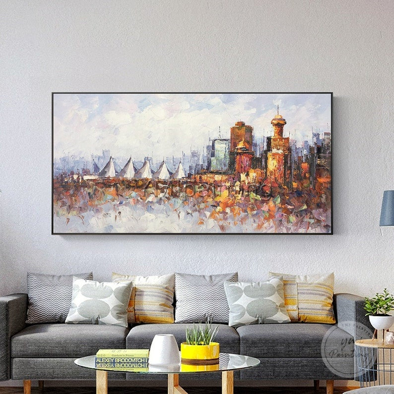 Hand-painted Vancouver cityscape, bold palette knife strokes capturing the vibrant city skyline.