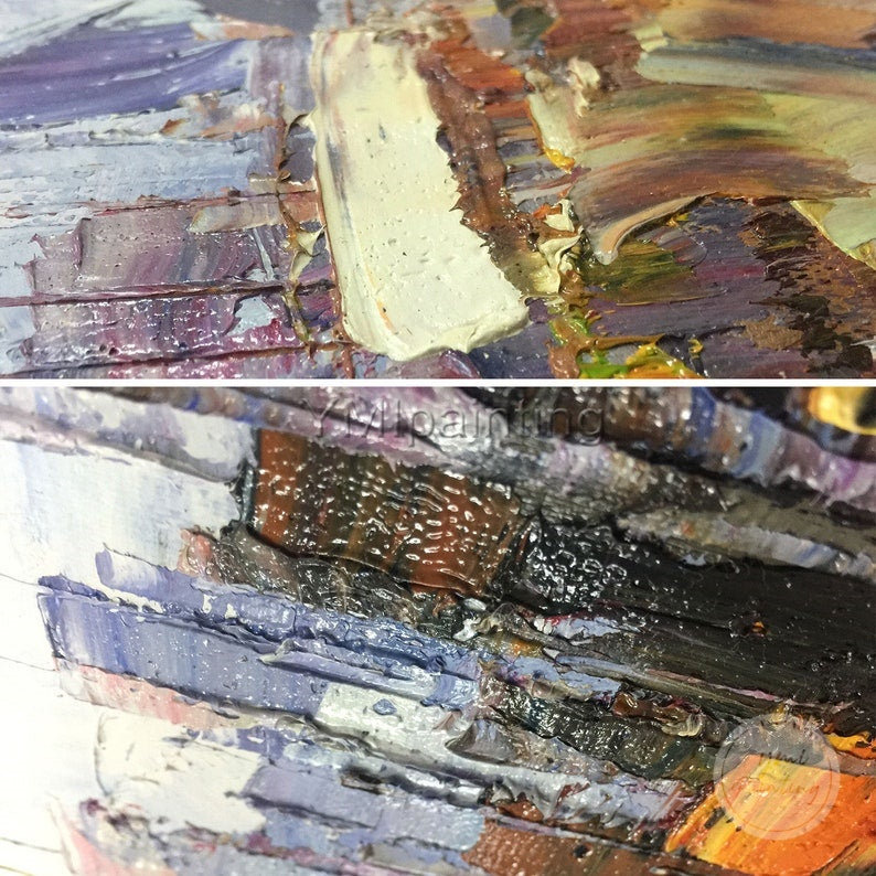 Vancouver city skyline oil painting, original art with dramatic palette knife texture.