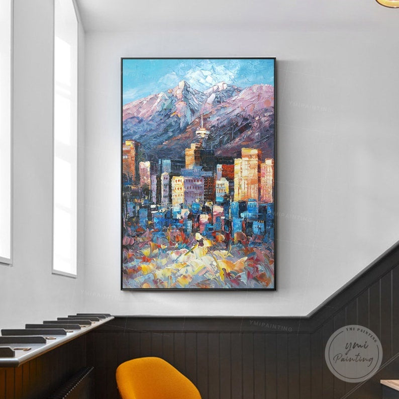 Vancouver oil painting, capturing the essence of the city with abstract palette knife art.