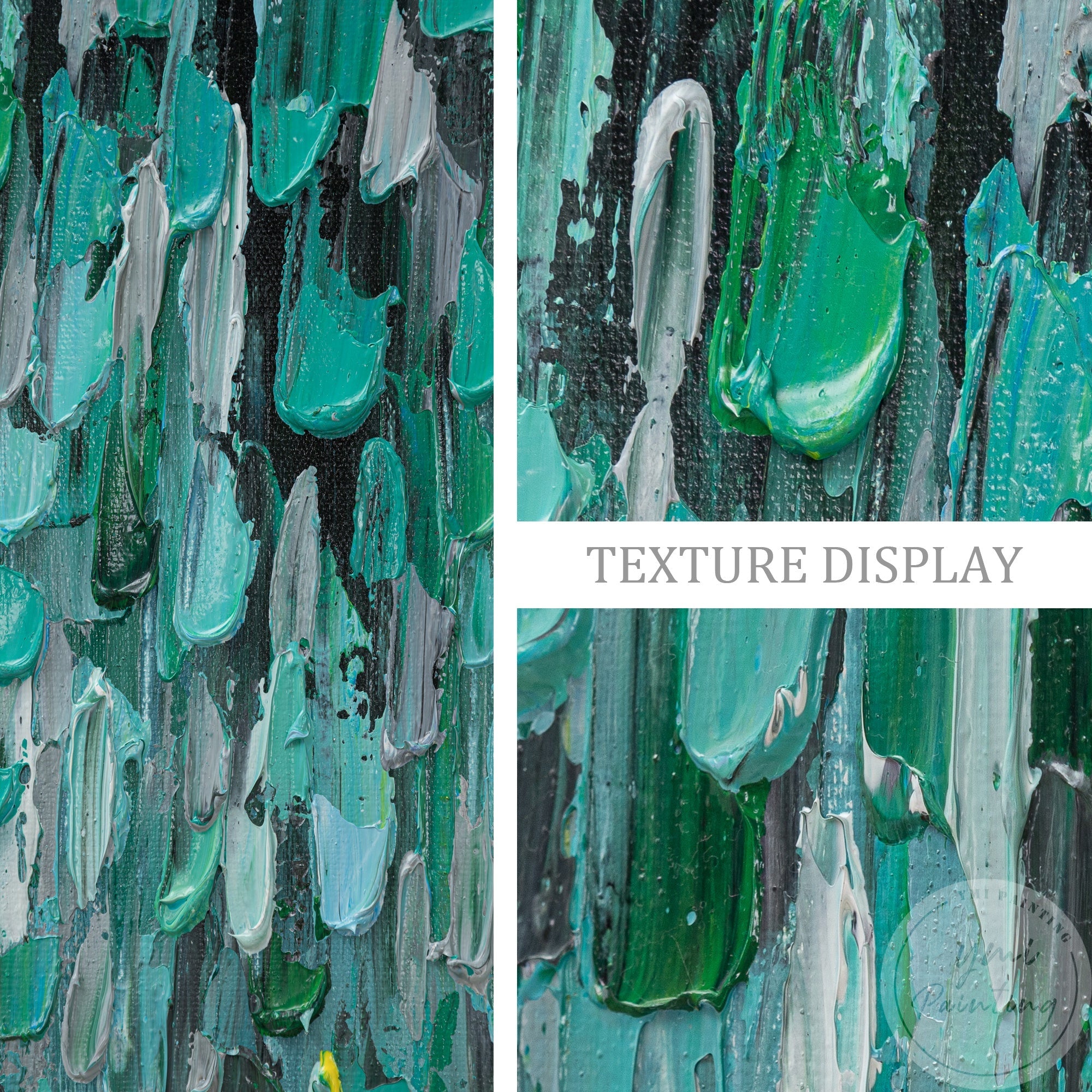 Minimalist raindrop-inspired vertical art in soft green and gray tones with 3D texture display.