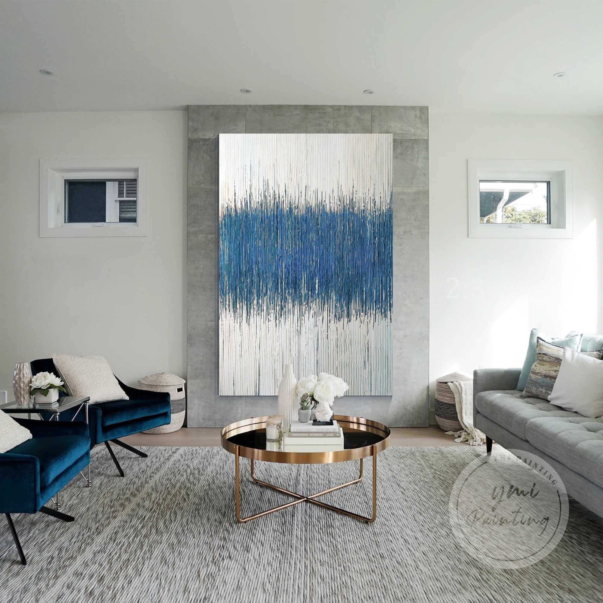 Modern abstract wall art with blue strokes