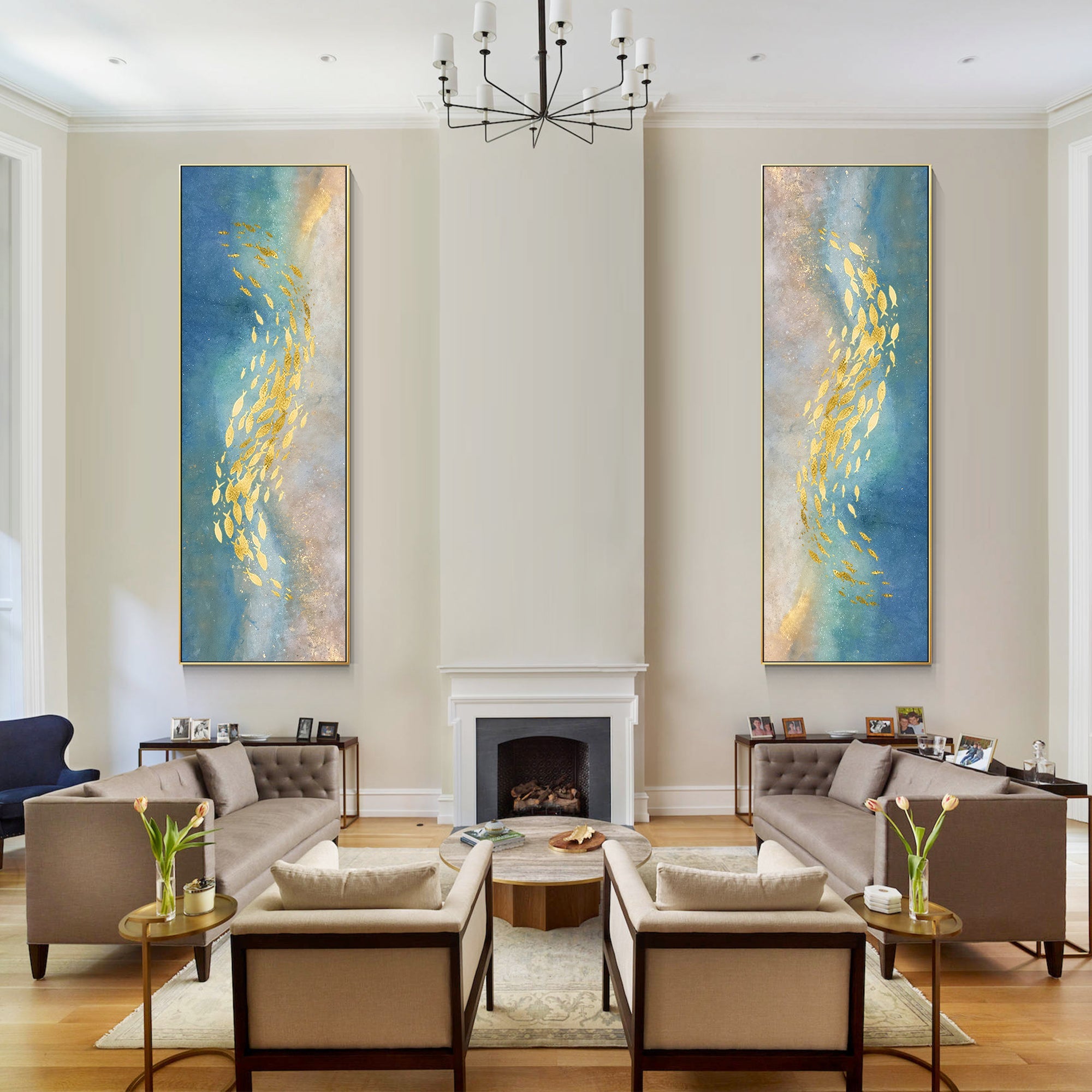 Hand-painted abstract canvas featuring golden fish and a softly sparkling background.