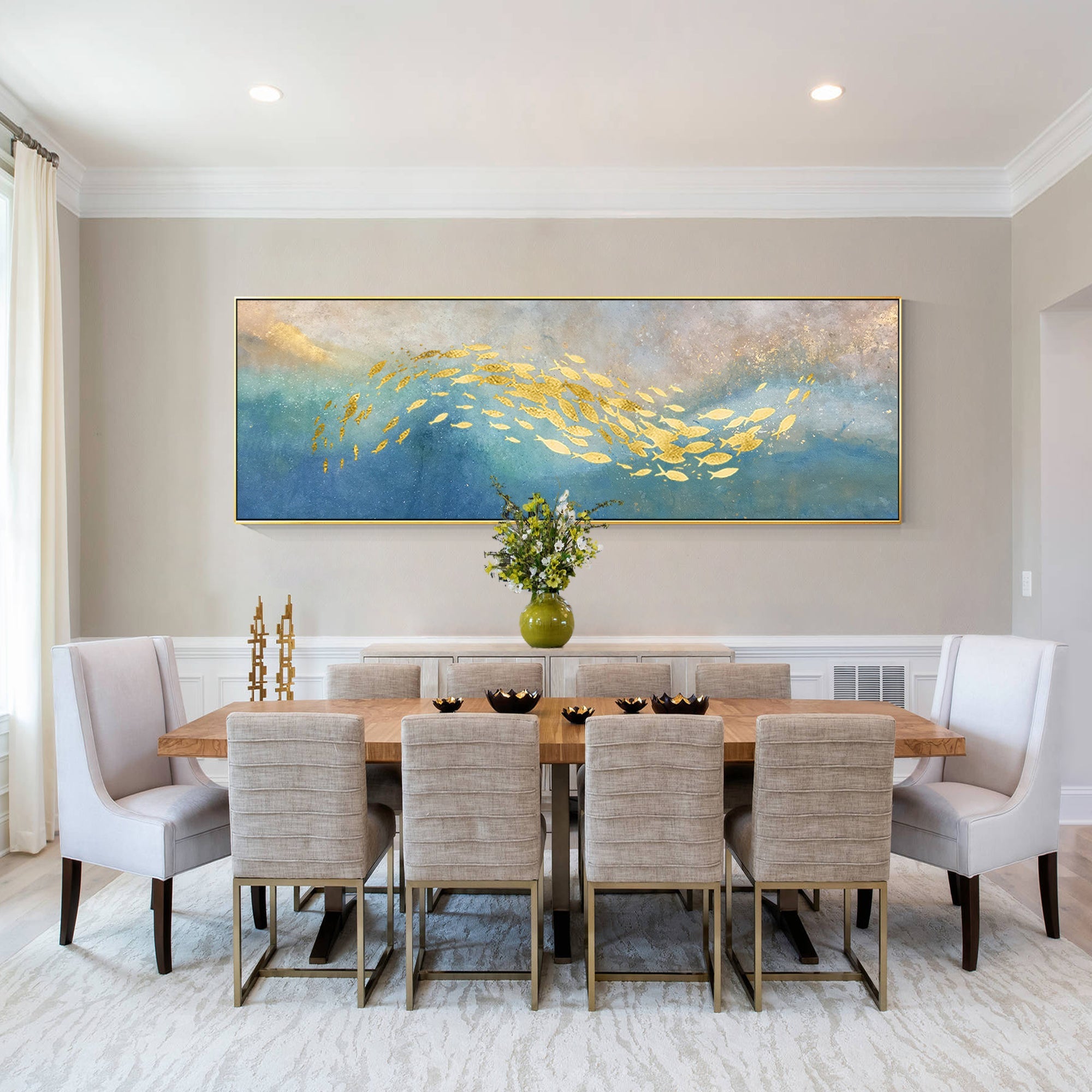 Tall abstract painting of golden fish arranged upward with fine glitter texture.