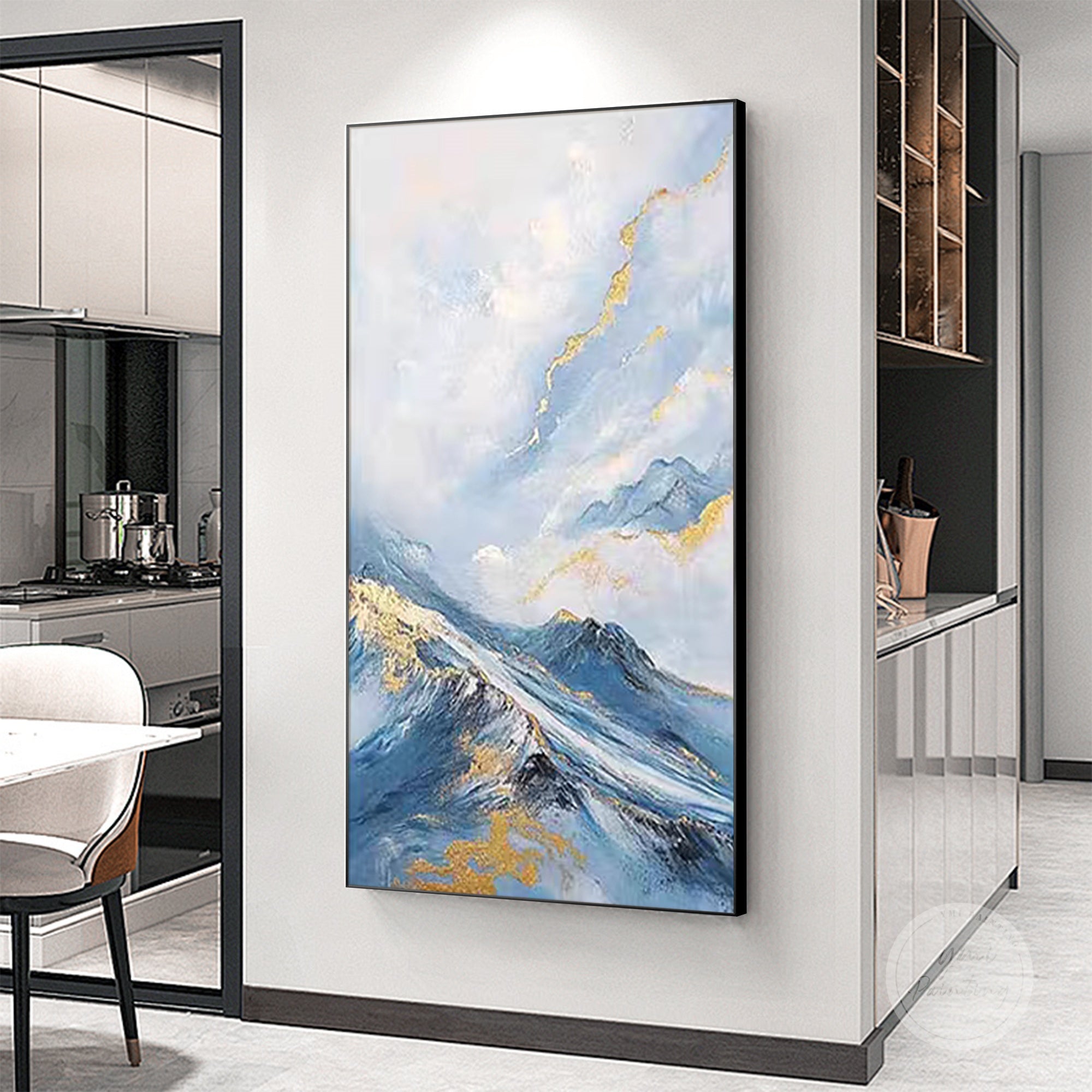 Luxury blue and gold abstract artwork displayed in a boutique hotel interior, high-end gift for art collectors