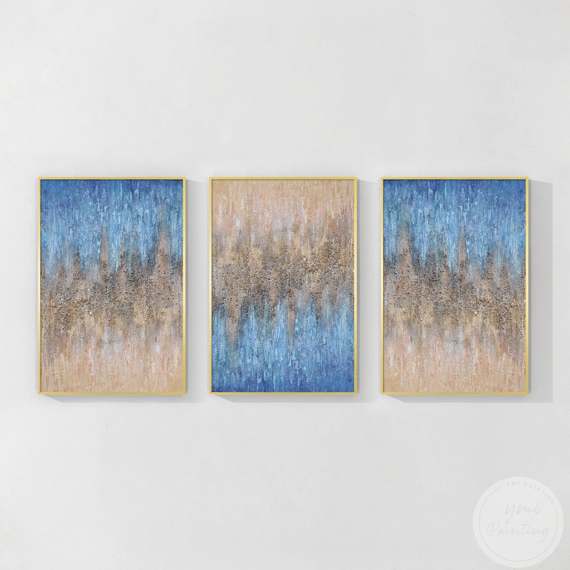 Vertical triptych featuring dynamic beige, blue, and gold tones, enhanced by prismatic crystal details with gold frame.