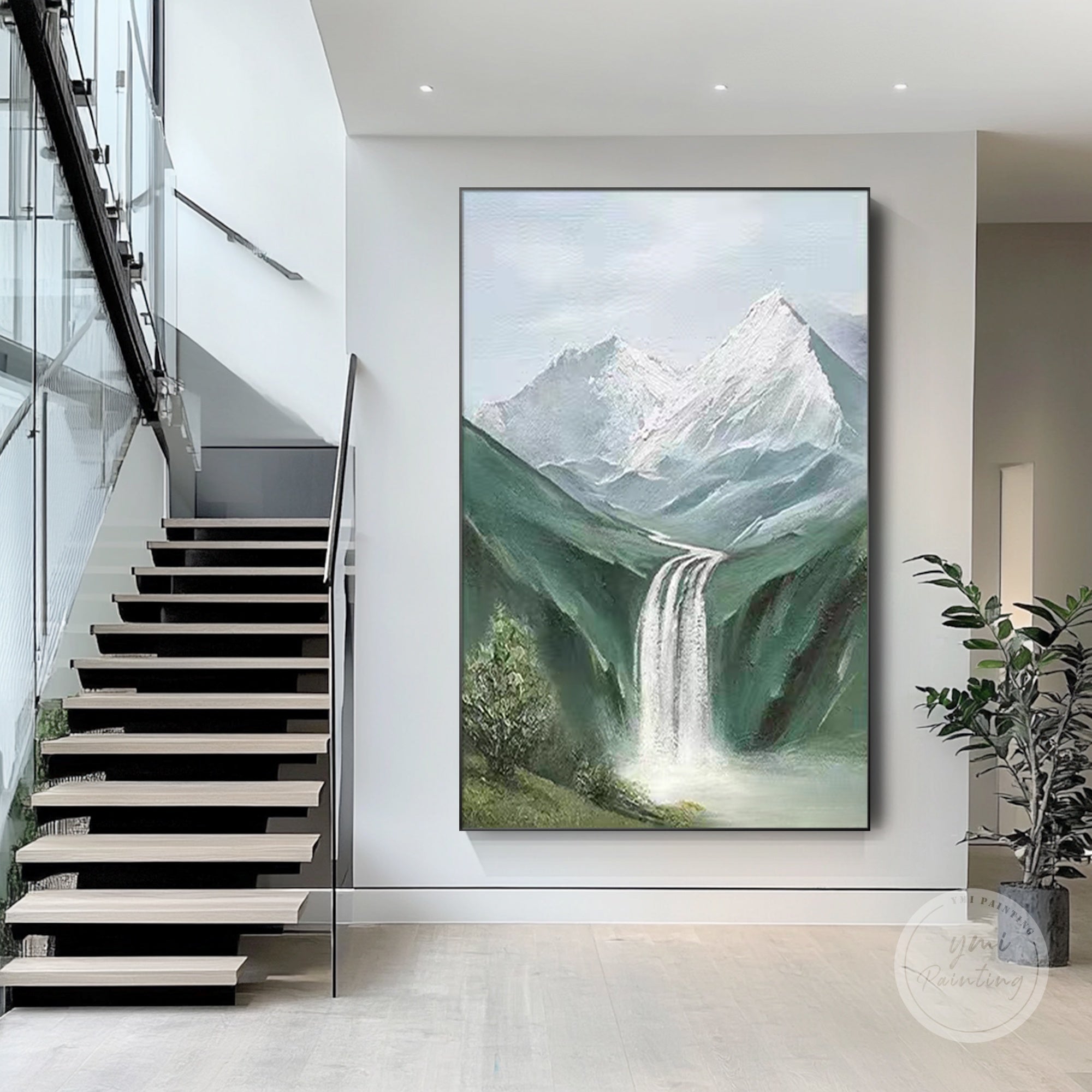 Vertical waterfall landscape wall art hanging in a serene bedroom, elegant gift for her
