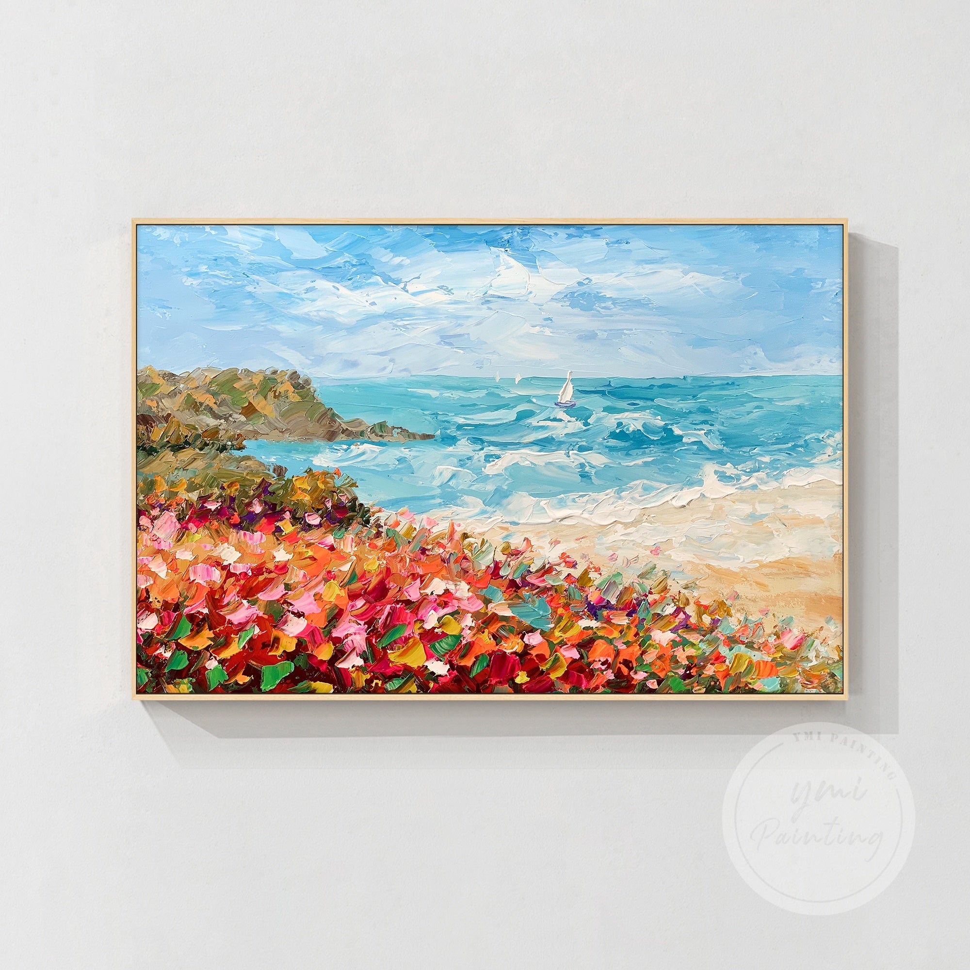 Dynamic abstract coastal painting showcasing flowers, ocean waves, and a sailboat in the warmth of a summer day decoring by a wood frame.
