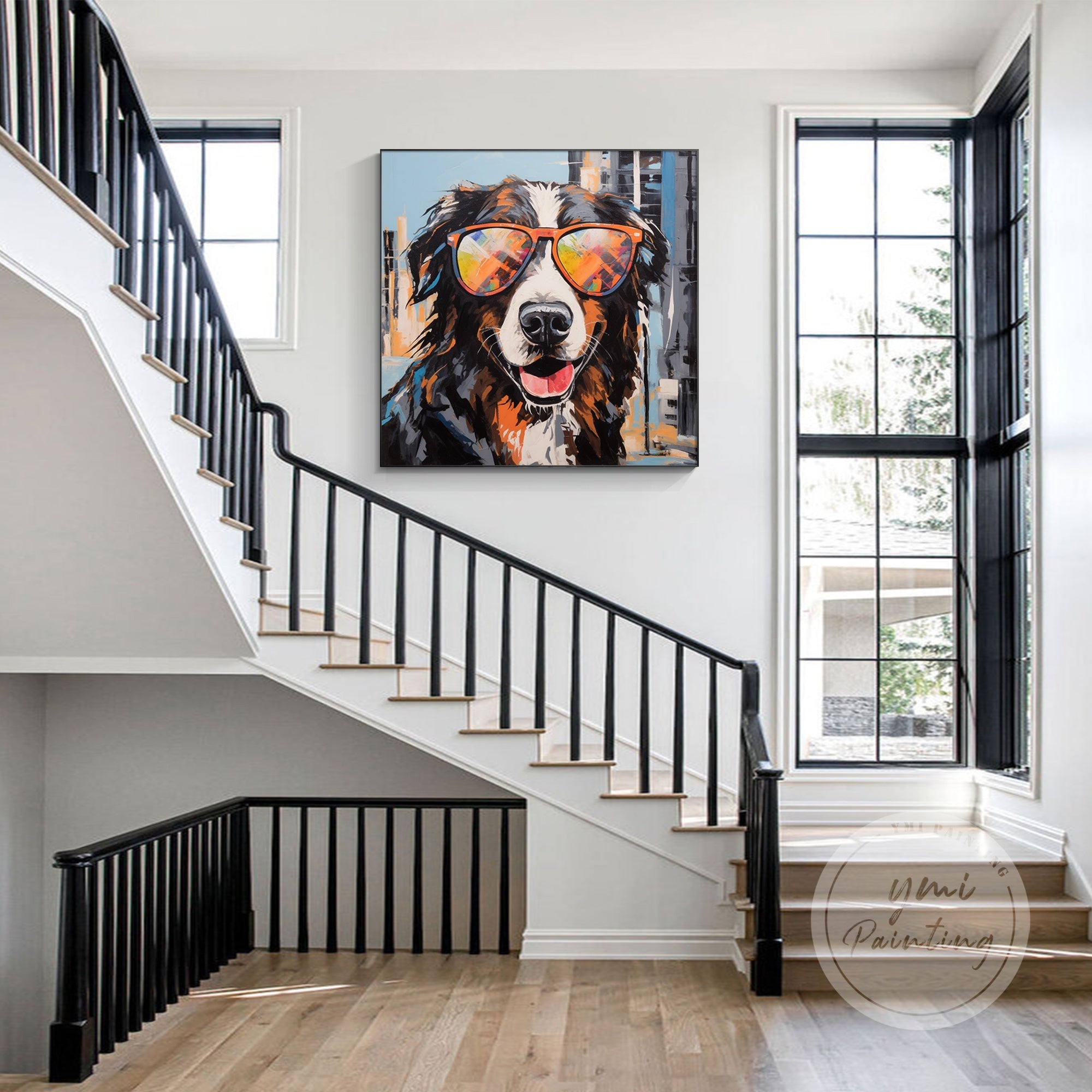 Add a cheerful touch to your living space with this colorful dog painting, ideal for contemporary decor styles.