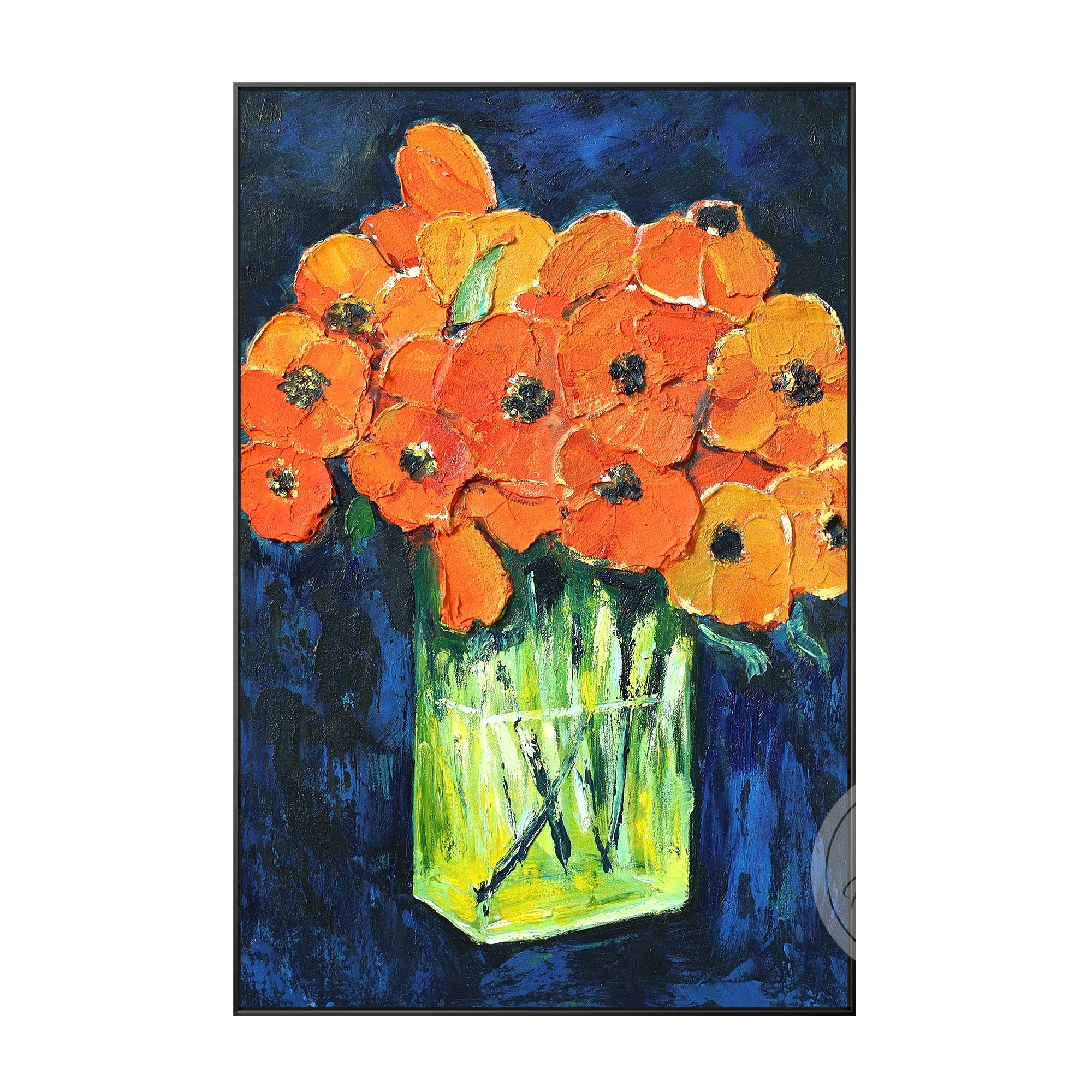 Bring energy to your living room with this vibrant painting of orange flowers in a vase, set against a bold blue background, adding life to your space.