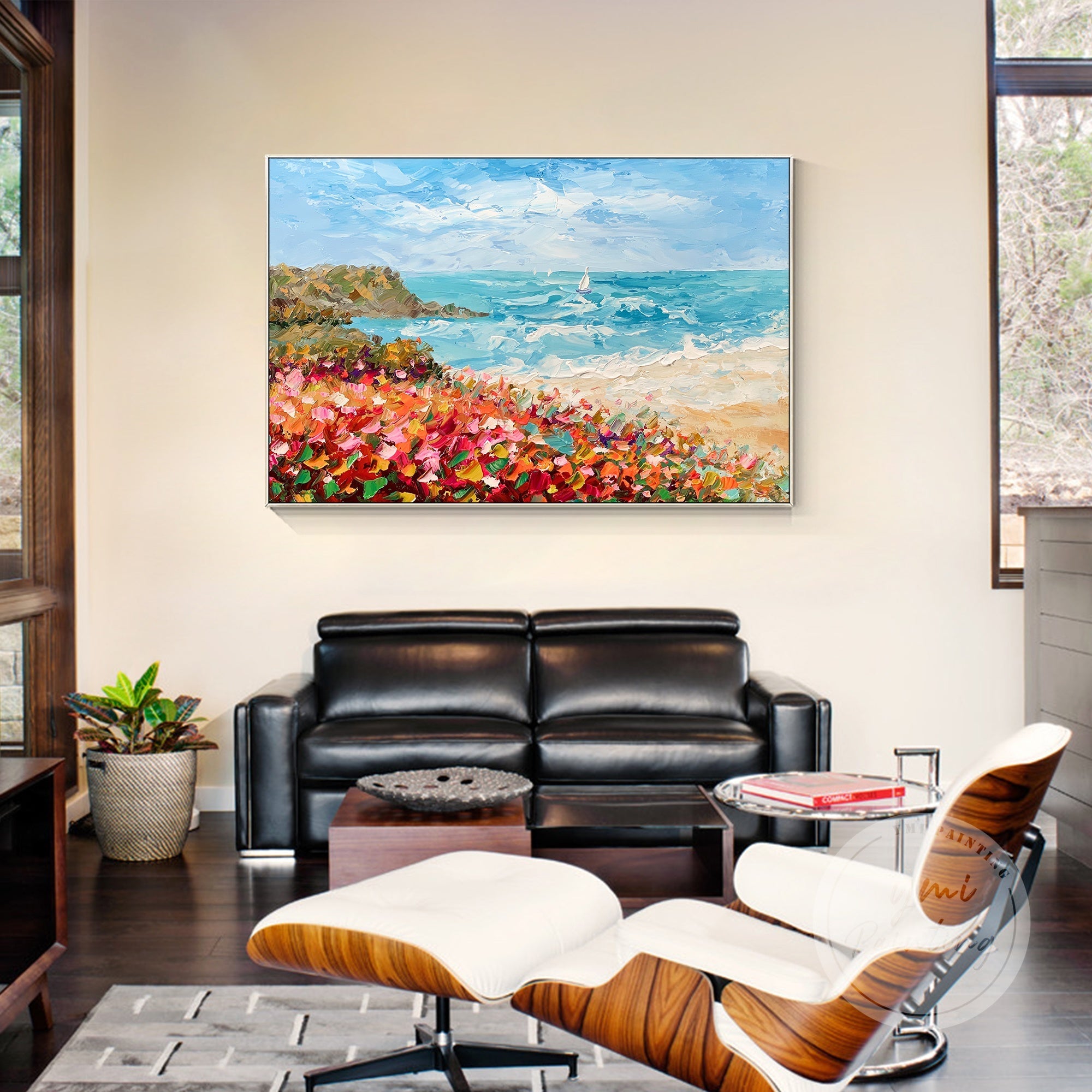 Energetic summer-inspired painting with colorful flowers and a sailboat, capturing the essence of a sunny day at the coast in a mid-century modern home.