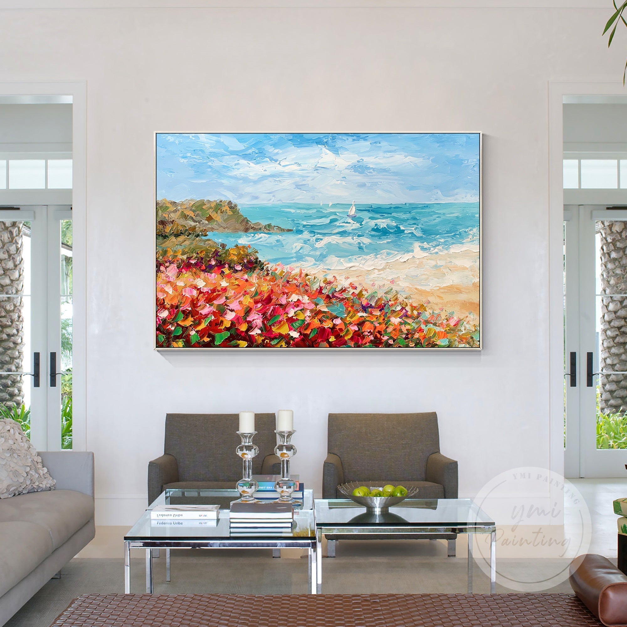 This coastal landscape with lively flowers and waves evokes the warmth of a perfect summer day, making it ideal for a sunny, serene bedroom.