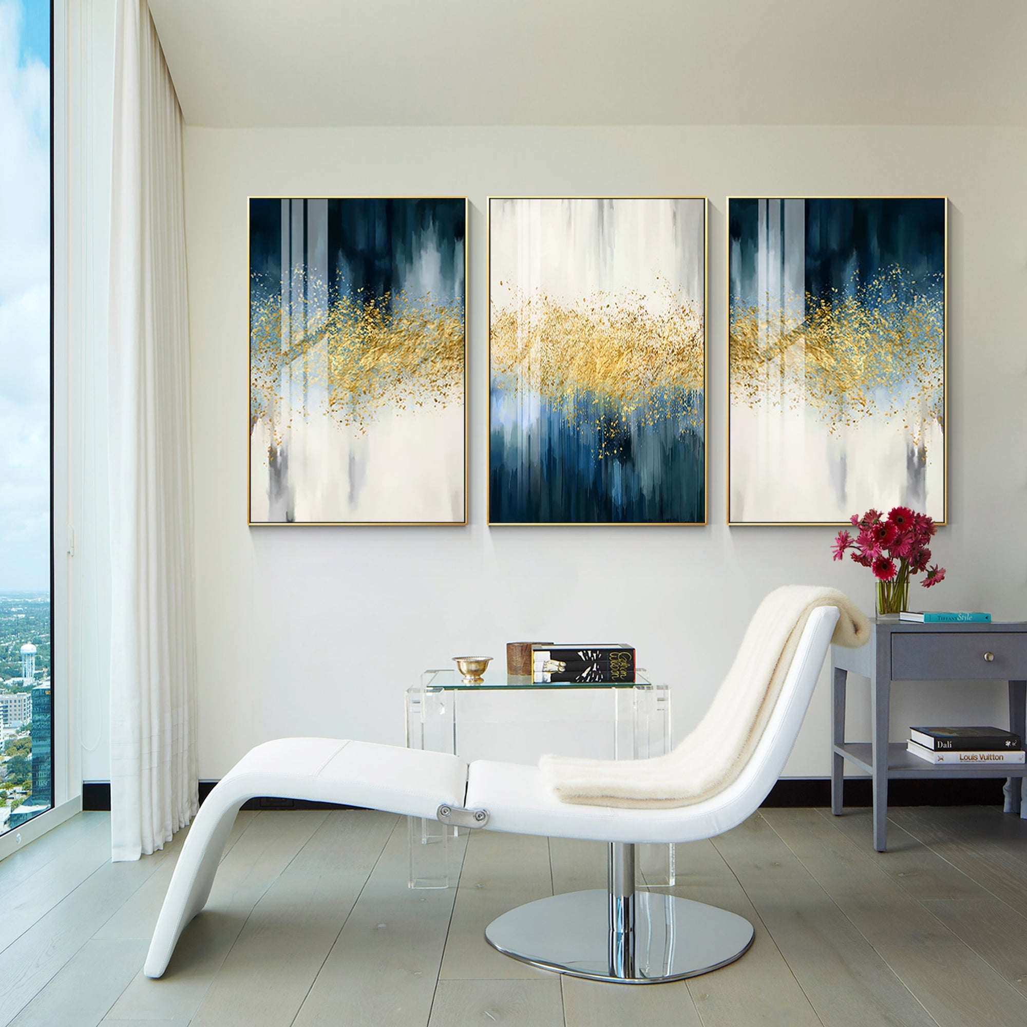 Set van 3 blauwe bladgouden kunst #YMA0111