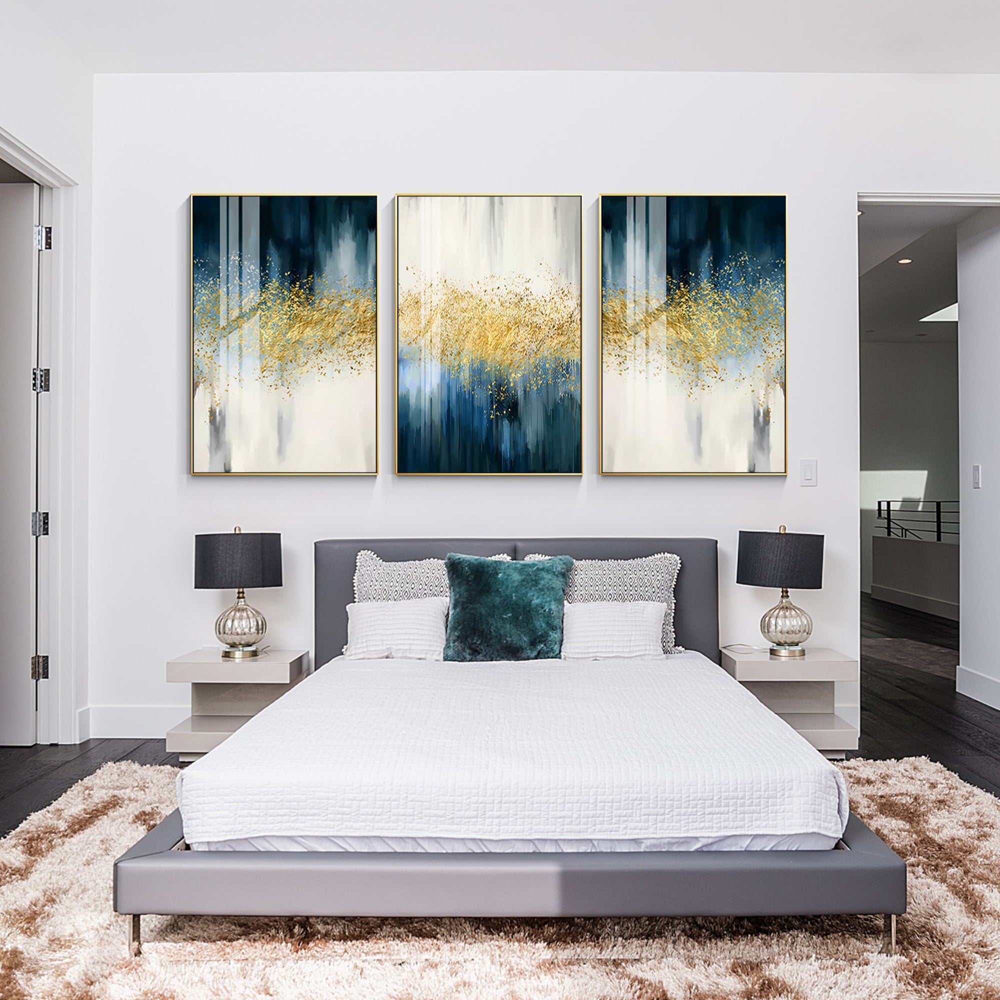 Set van 3 blauwe bladgouden kunst #YMA0111