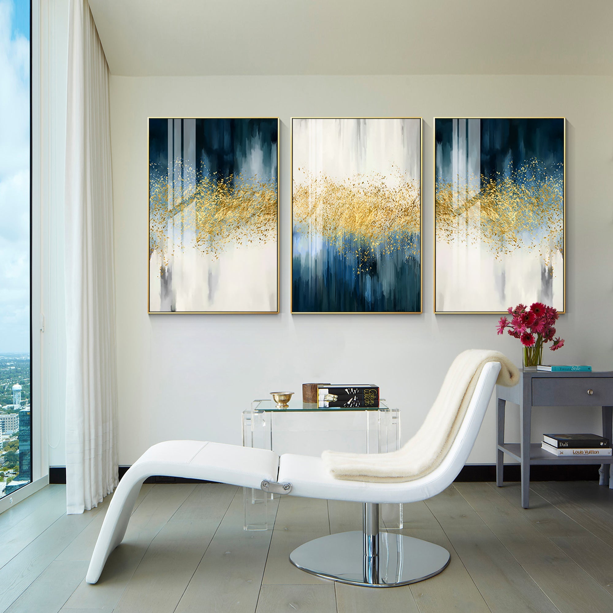 Set van 3 blauwe bladgouden kunst #YMA0111