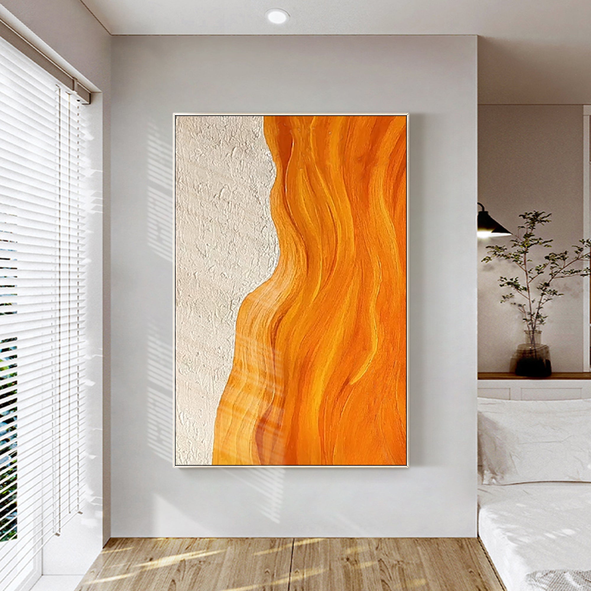 Pintura de playa con arte abstracto de pared con textura naranja y océano