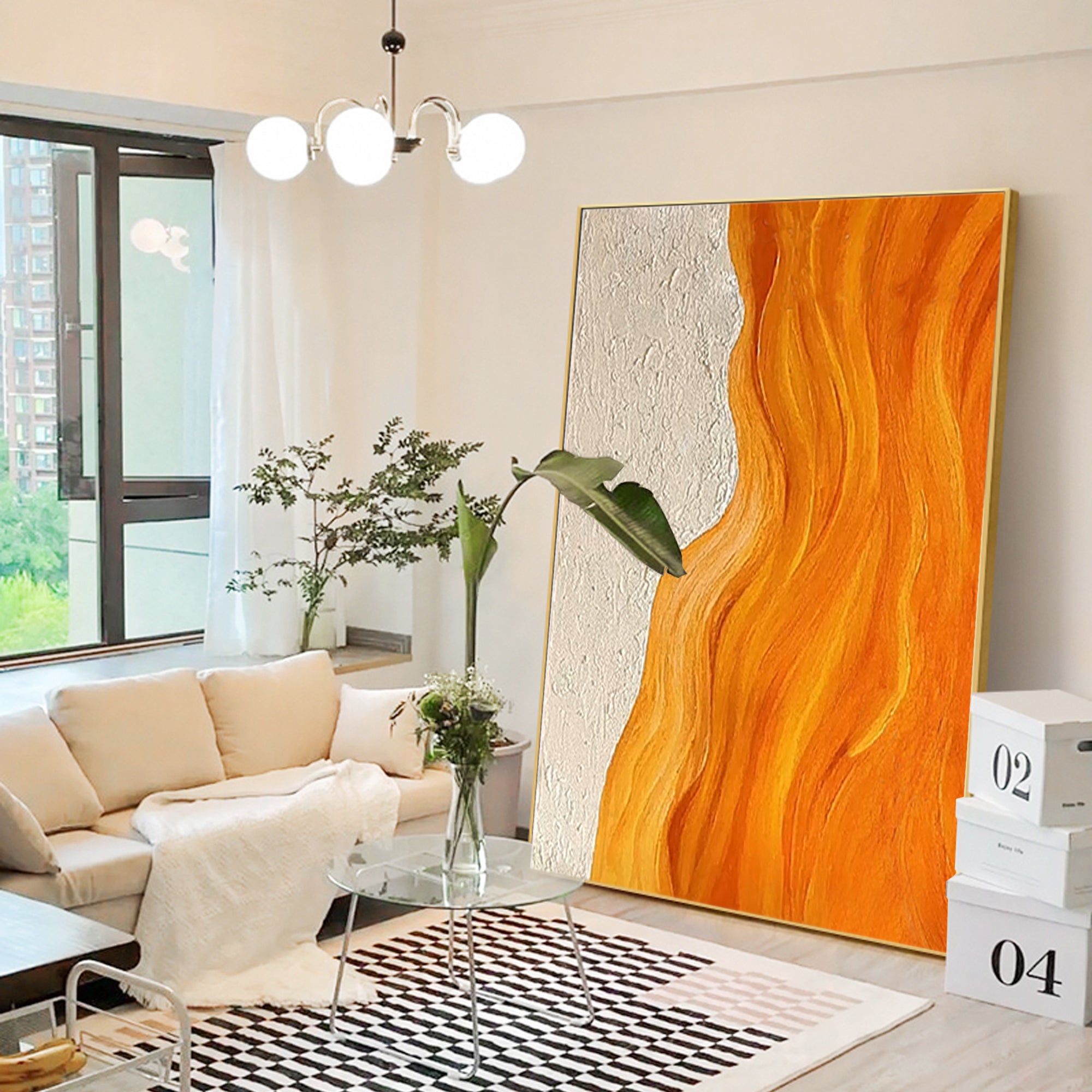 Pintura de playa con arte abstracto de pared con textura naranja y océano