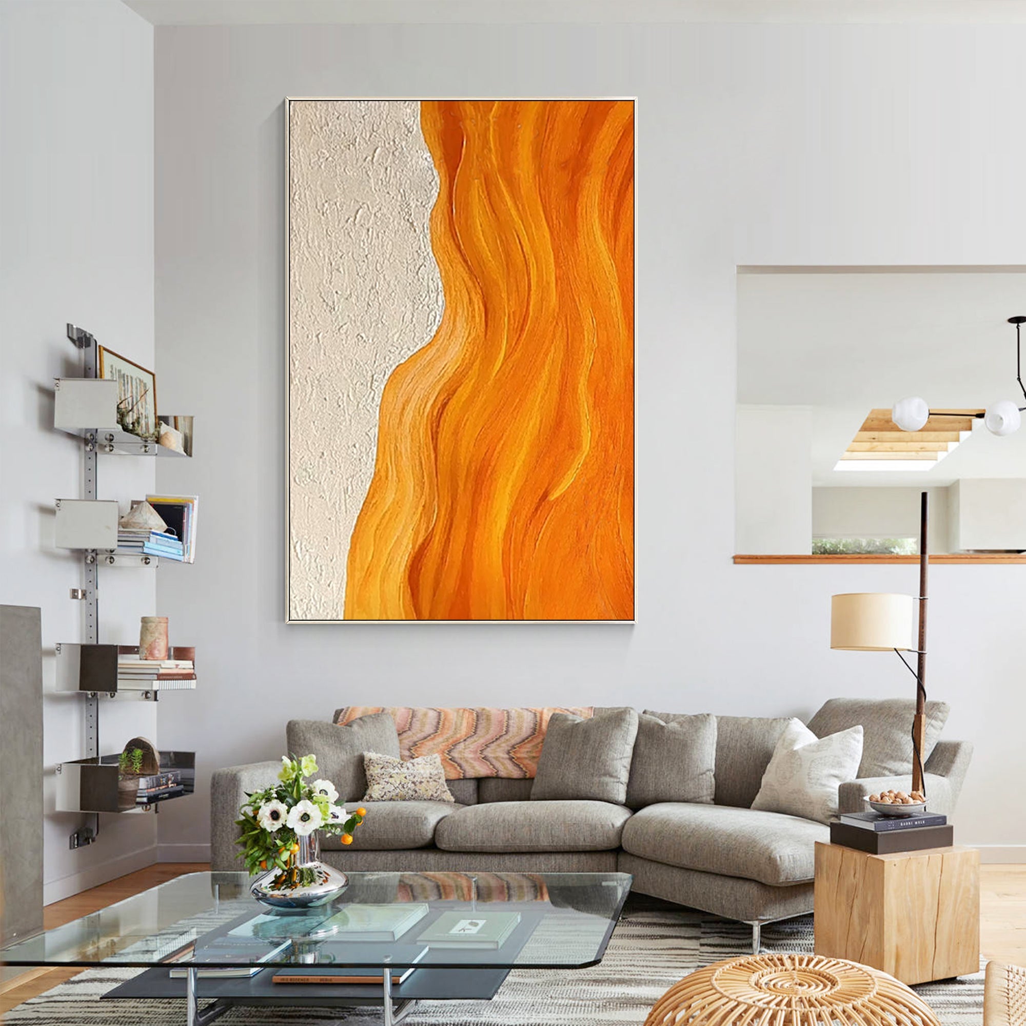 Pintura de playa con arte abstracto de pared con textura naranja y océano