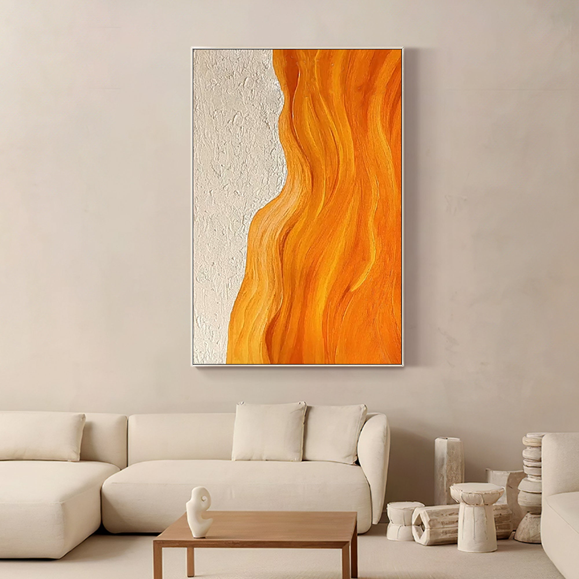 Pintura de playa con arte abstracto de pared con textura naranja y océano