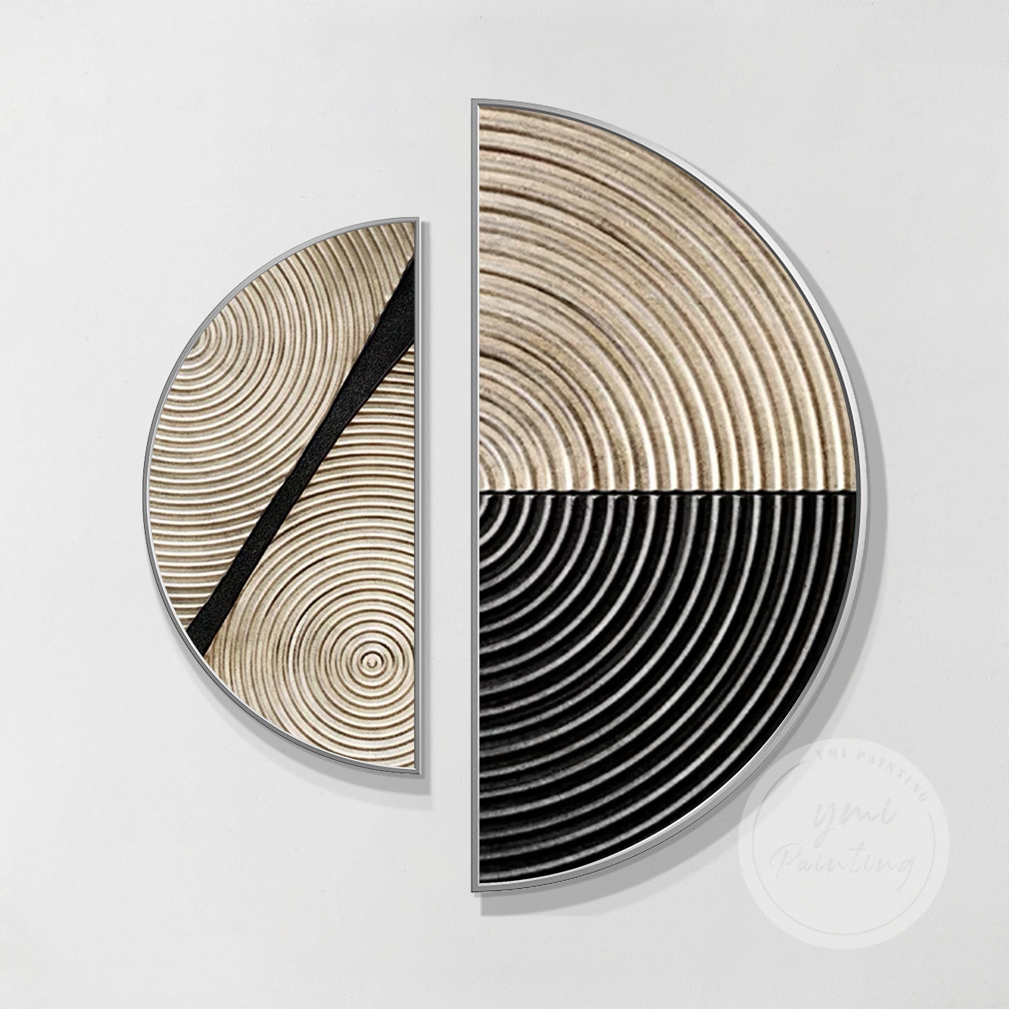 Textured semicircle artwork set with contemporary lines and circles, framed and ready to hang.