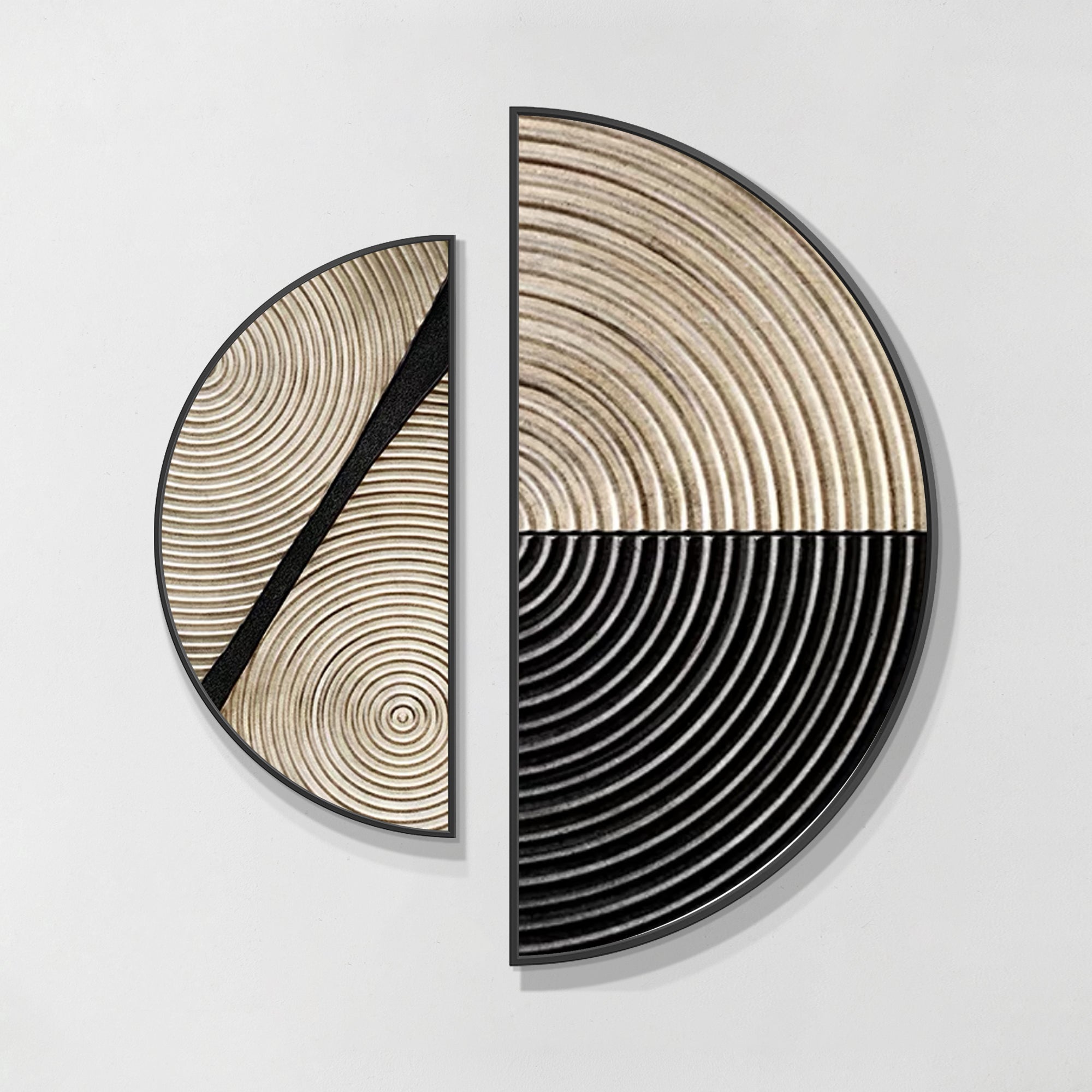Set of 2 framed semicircle geometric paintings in neutral tones, featuring line and textured circle art for modern interiors.
