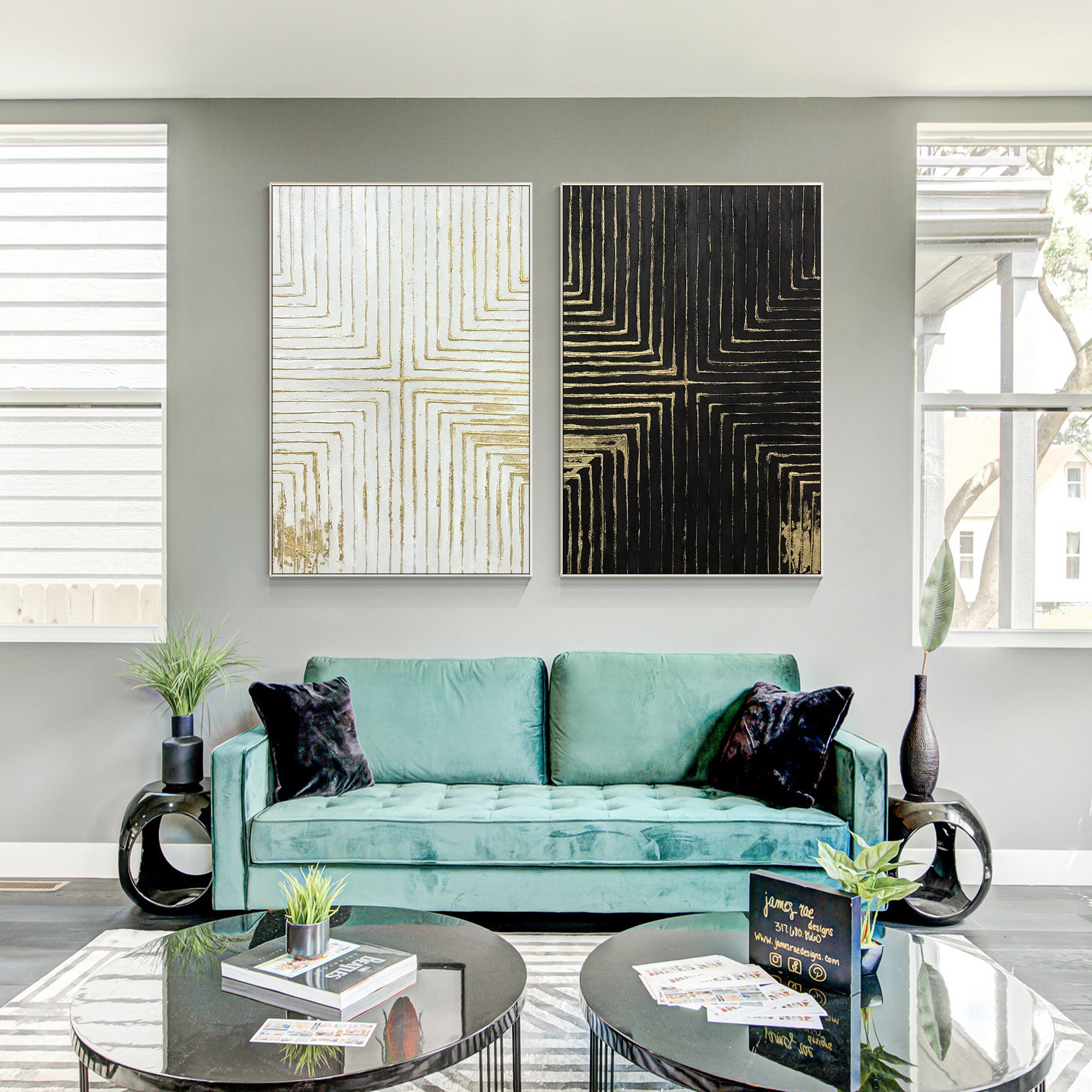 Juego de 2 cuadros texturizados en oro blanco y negro