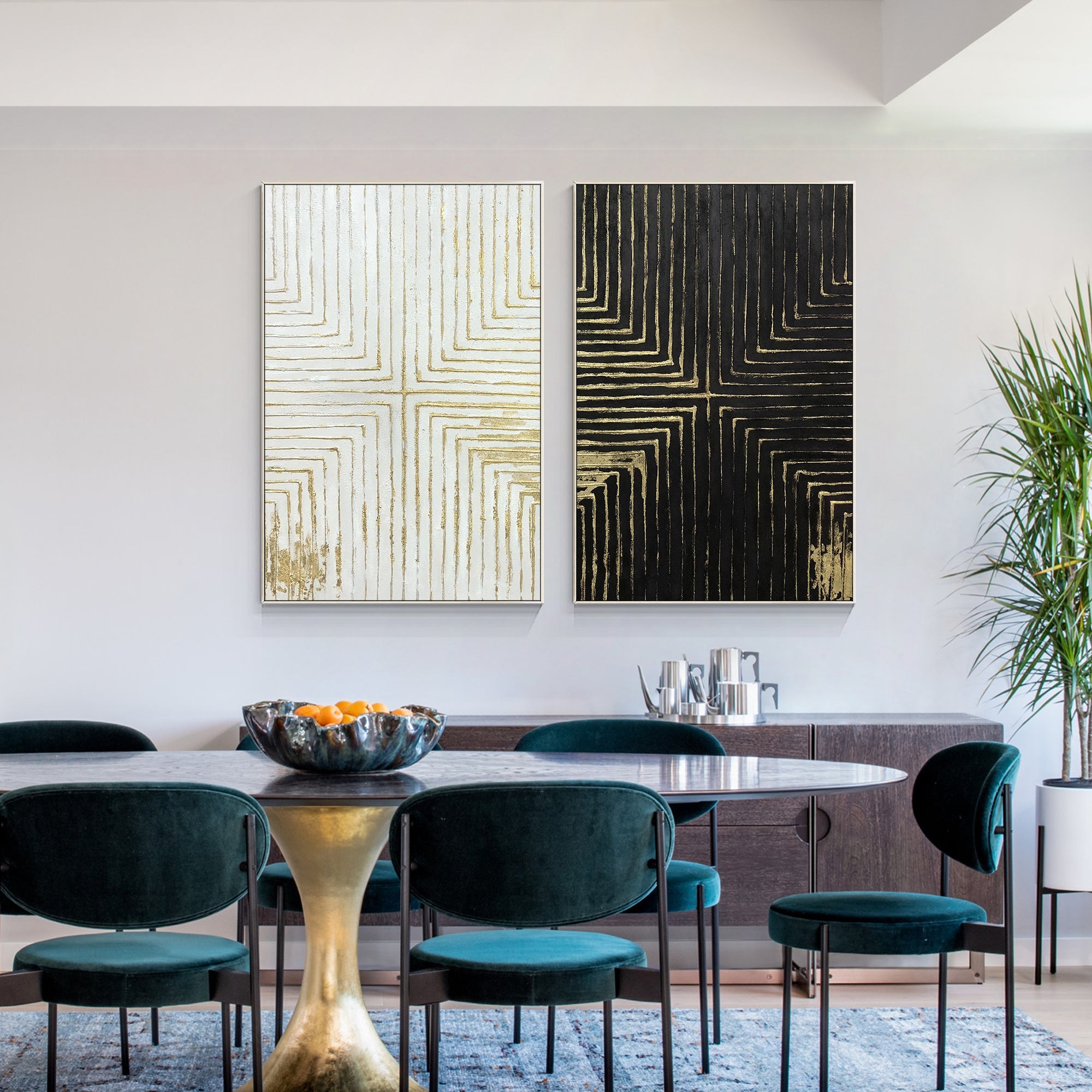 Juego de 2 cuadros texturizados en oro blanco y negro