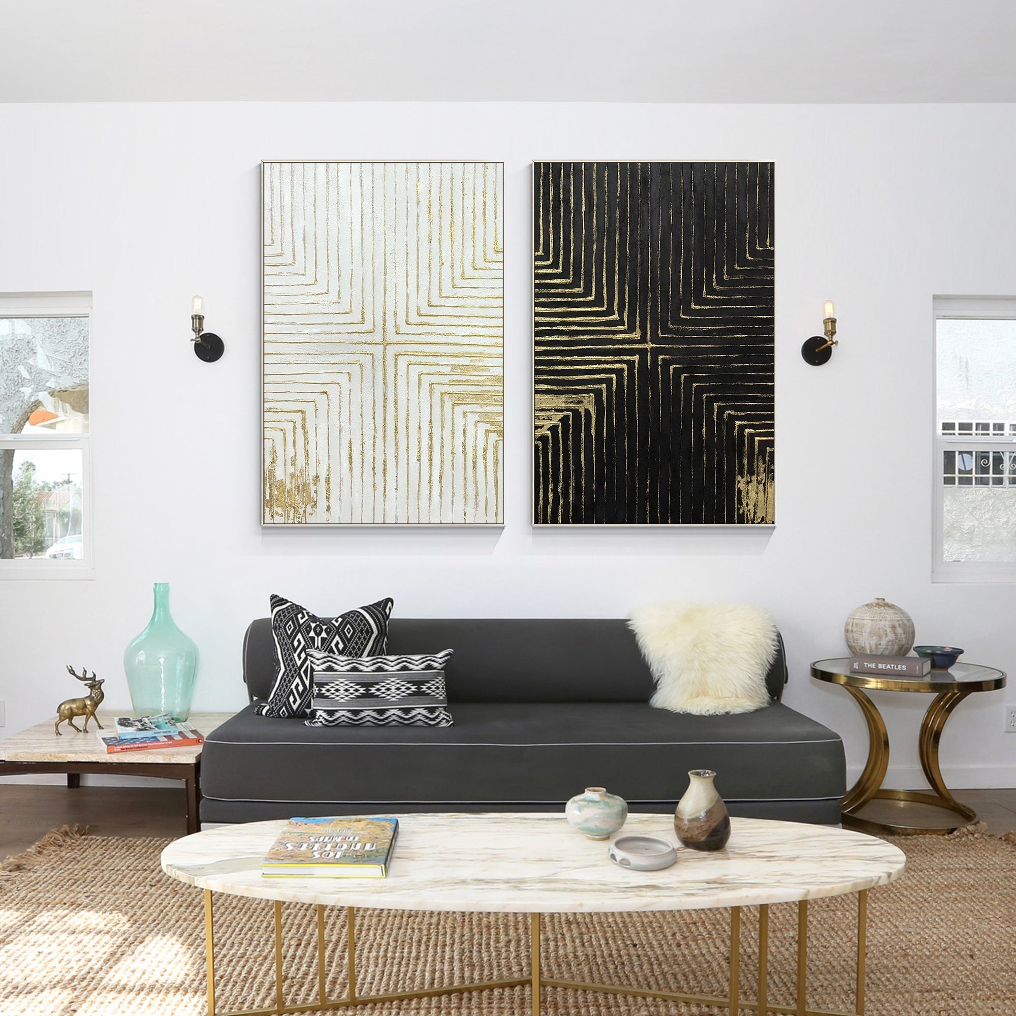 Juego de 2 cuadros texturizados en oro blanco y negro