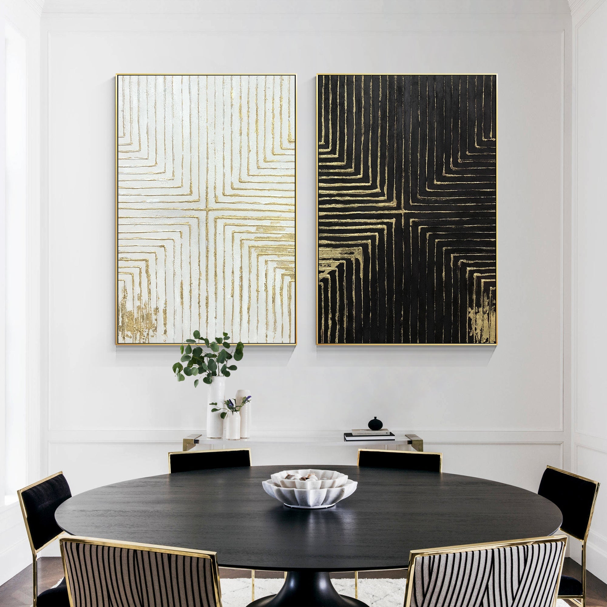 Juego de 2 cuadros texturizados en oro blanco y negro