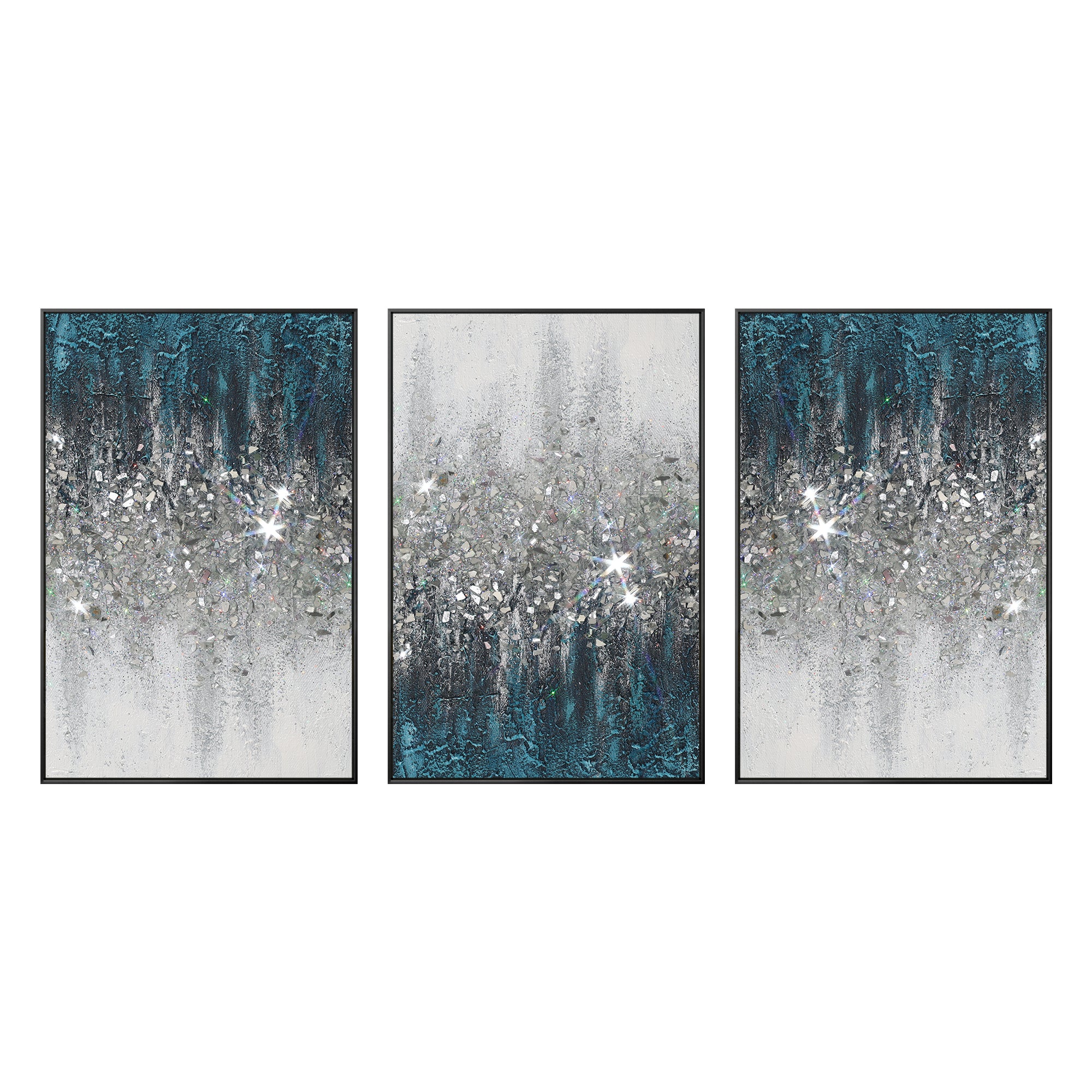 Set of 3 Teal Crushed Glass Art #YMA0209