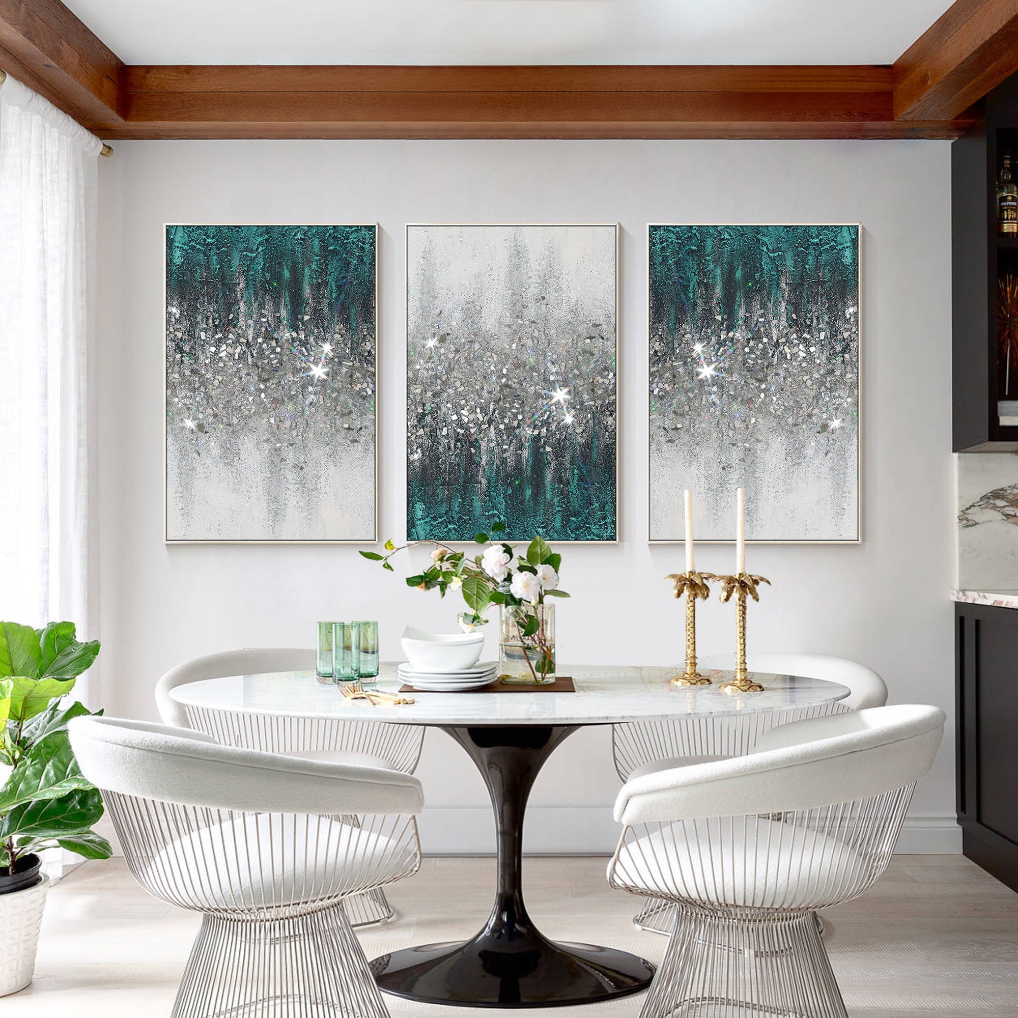 مجموعة من 3 قطع فنية من الزجاج المكسر باللون الأزرق المخضر #YMA0209