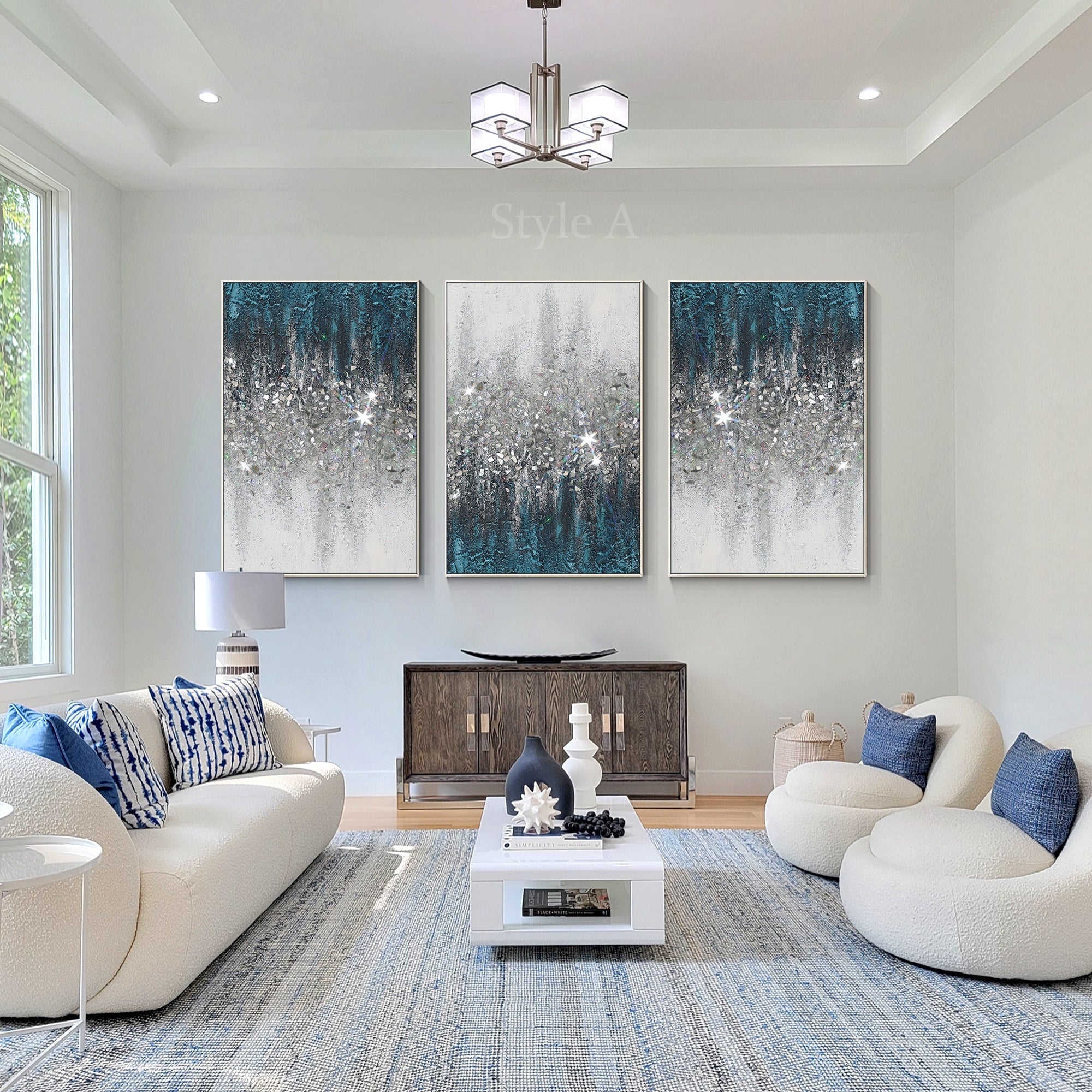 مجموعة من 3 قطع فنية من الزجاج المكسر باللون الأزرق المخضر #YMA0209