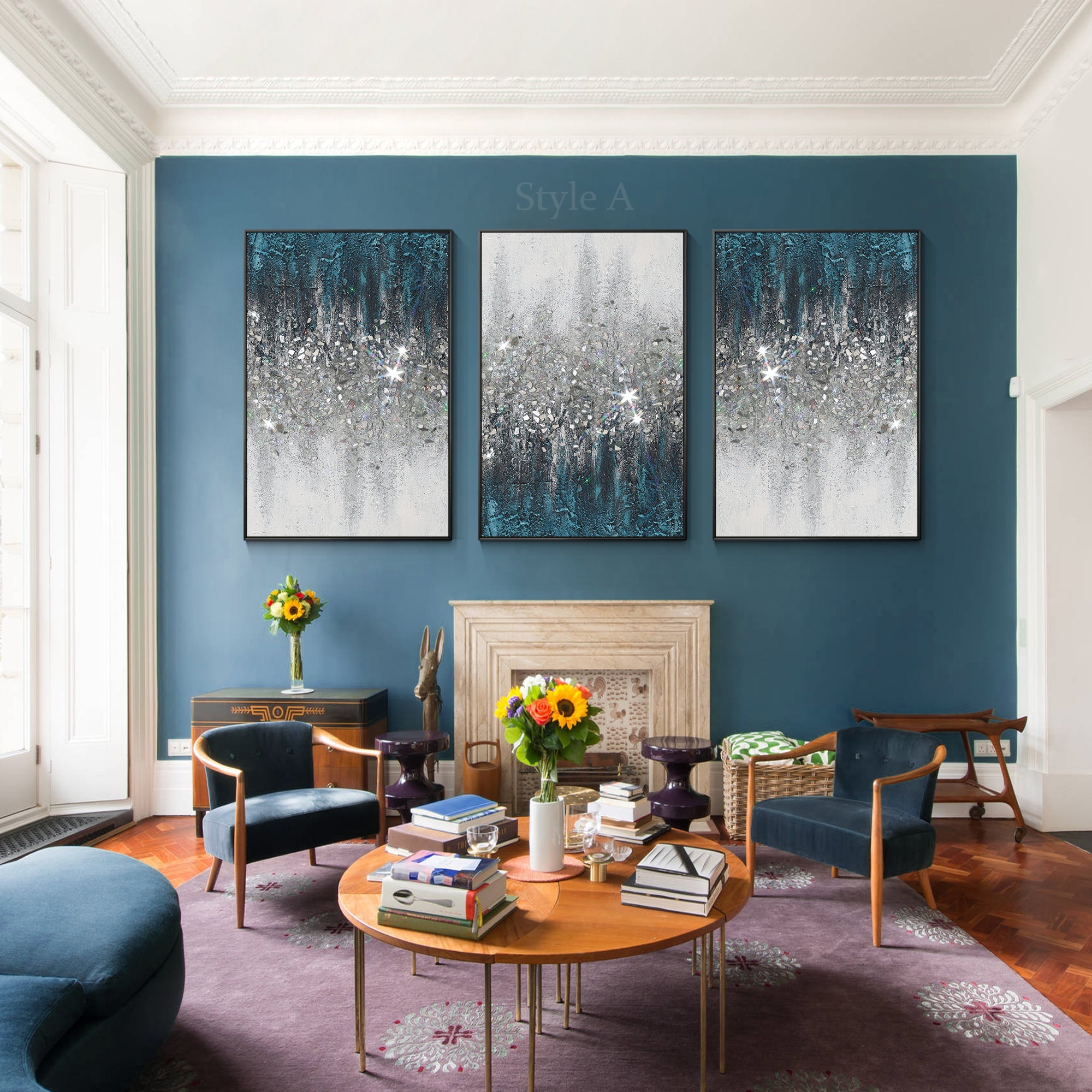 مجموعة من 3 قطع فنية من الزجاج المكسر باللون الأزرق المخضر #YMA0209