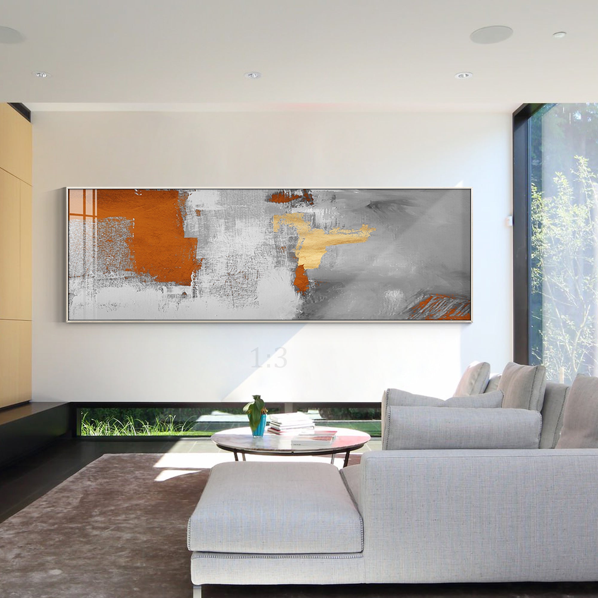 Arte de pared abstracto largo con purpurina dorada
