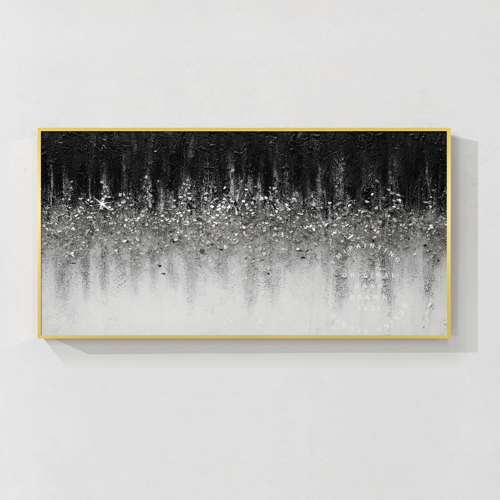 Arte en vidrio triturado negro y gris