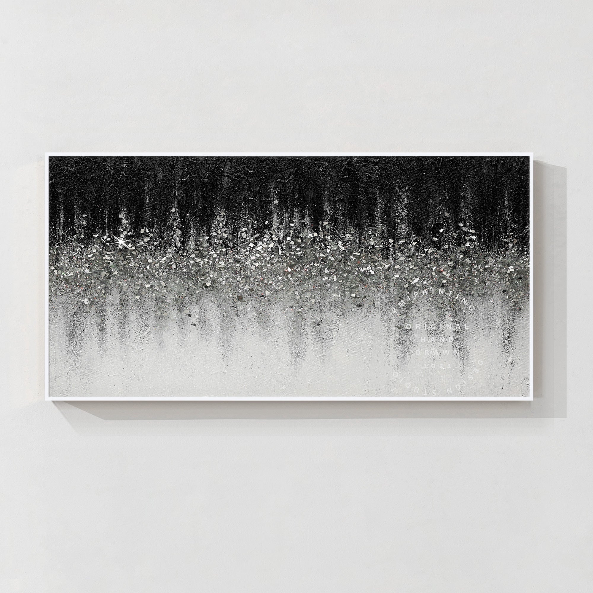 Arte en vidrio triturado negro y gris