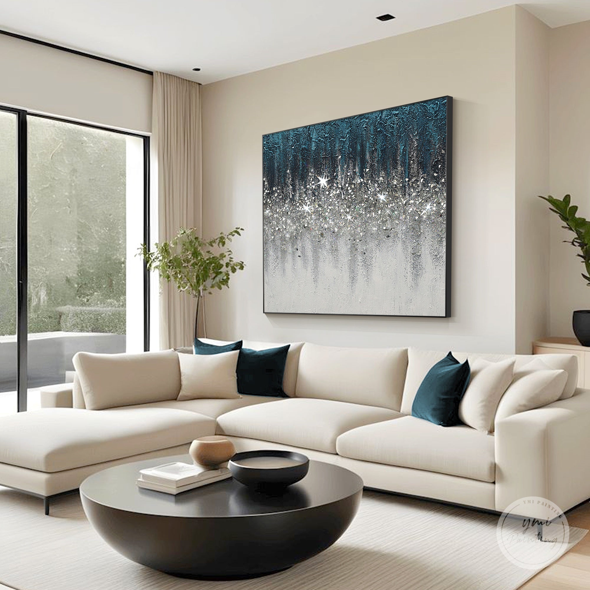 Abstract Turquoise Crushed Glass Wall Art with Silver Glitter Gradient