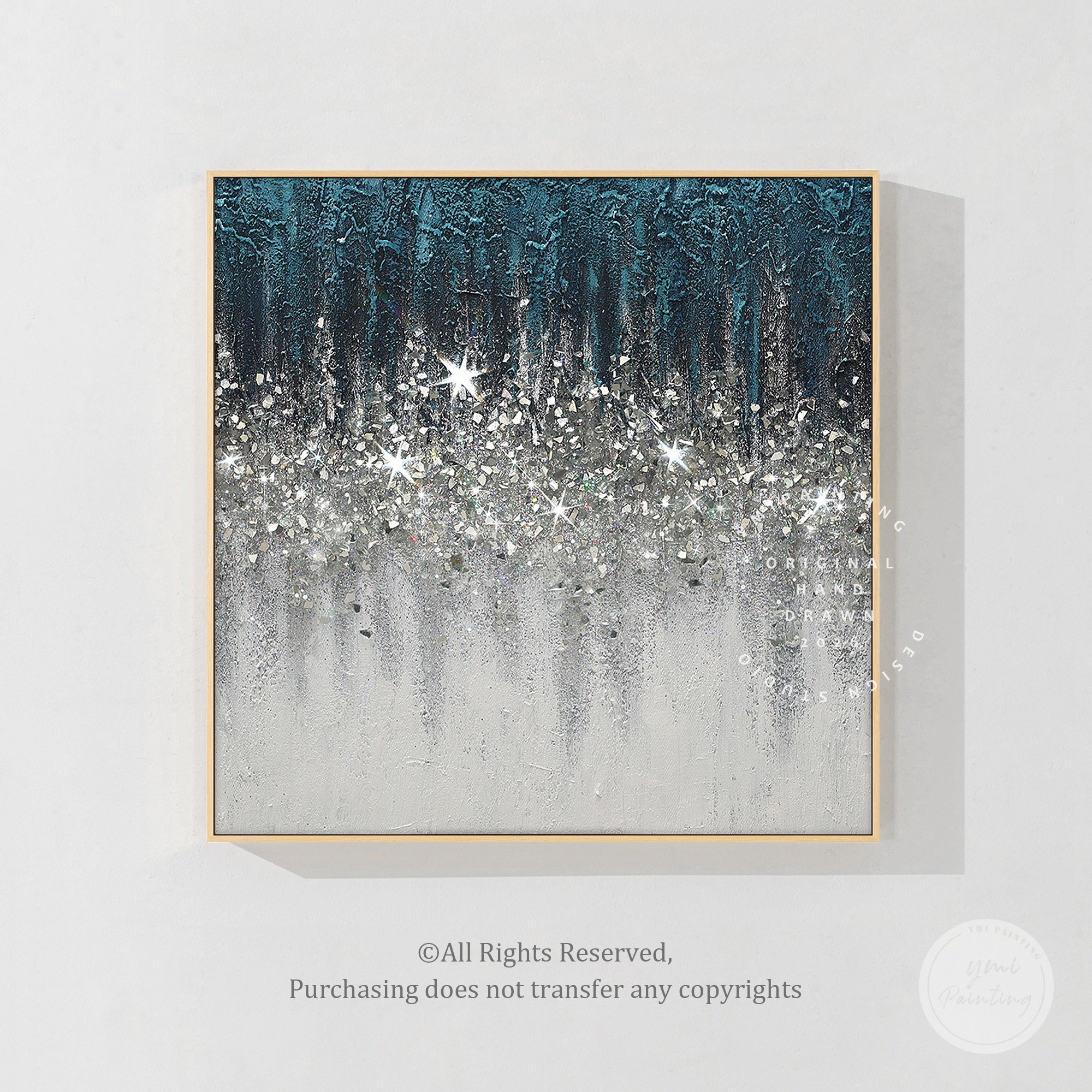 Abstract Turquoise Crushed Glass Wall Art with Silver Glitter Gradient