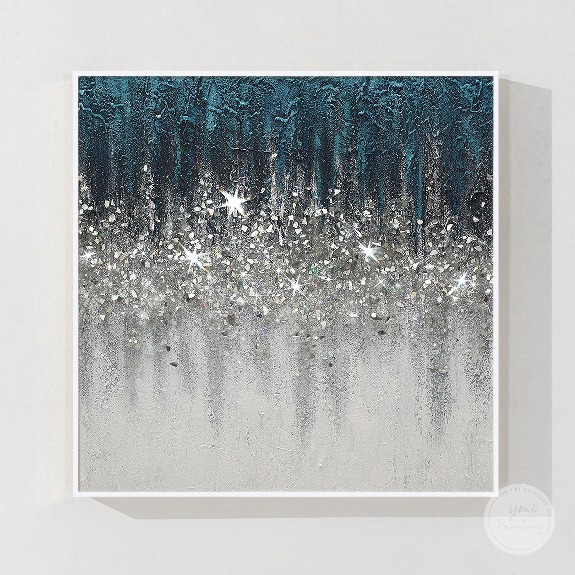 Abstract Turquoise Crushed Glass Wall Art with Silver Glitter Gradient