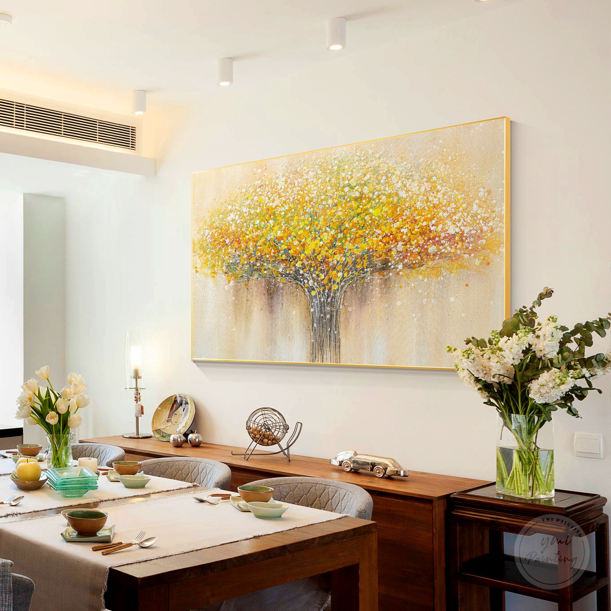 Original floral canvas painting featuring bright flowers and artistic brushstrokes for living room decor