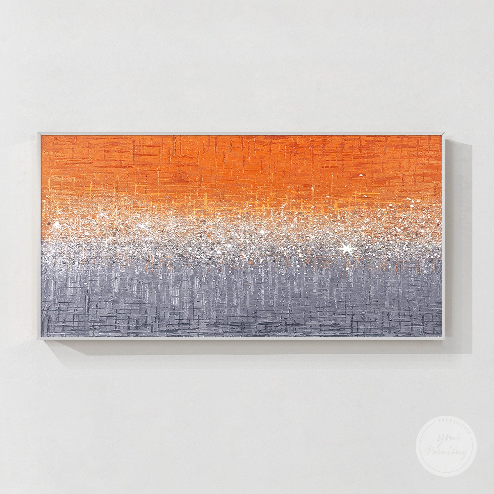 Orange glitter art painting with crushed glass texture and sparkling modern abstract wall decor design