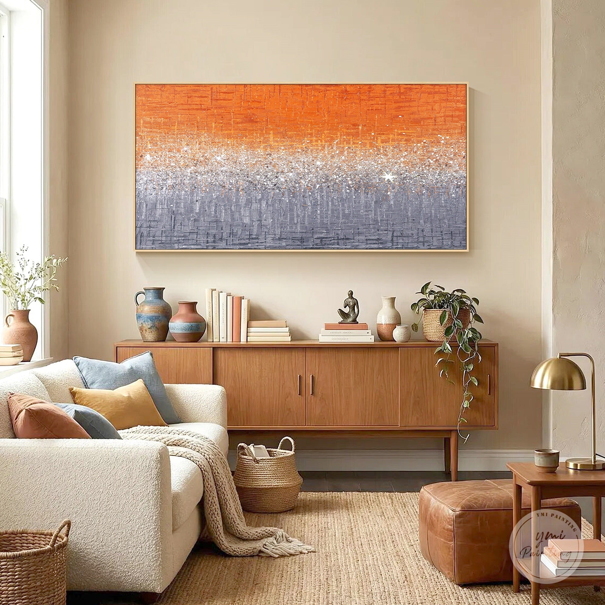 Handmade glitter wall art featuring vibrant orange tones, shimmering details, and 3D textured canvas finish