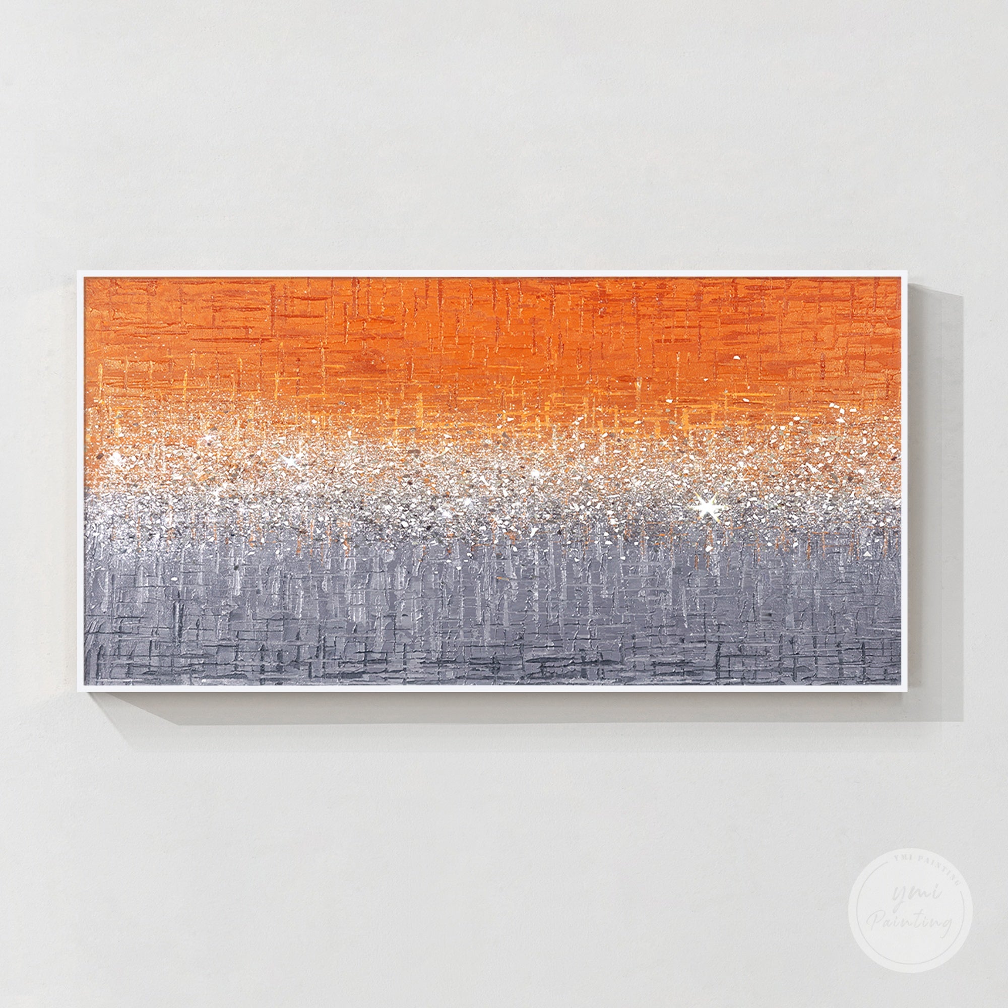 Unique crushed glass glitter painting with orange tones, 3D texture, and elegant modern home decor style