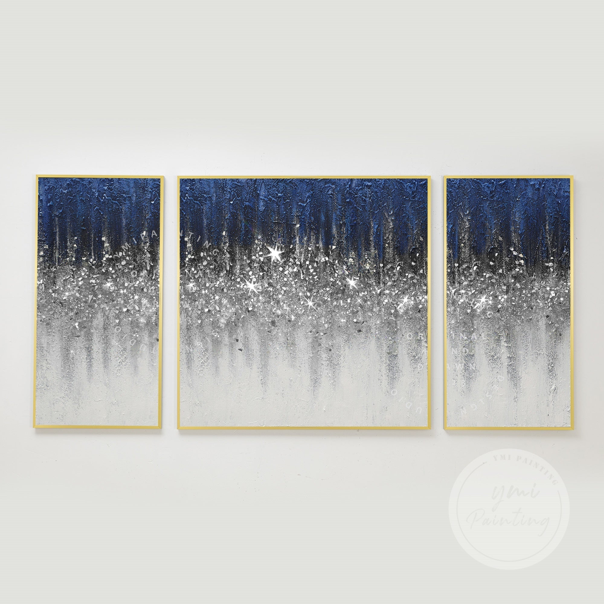 Set of 3 Blue Crushed Glass Art #YMA0331