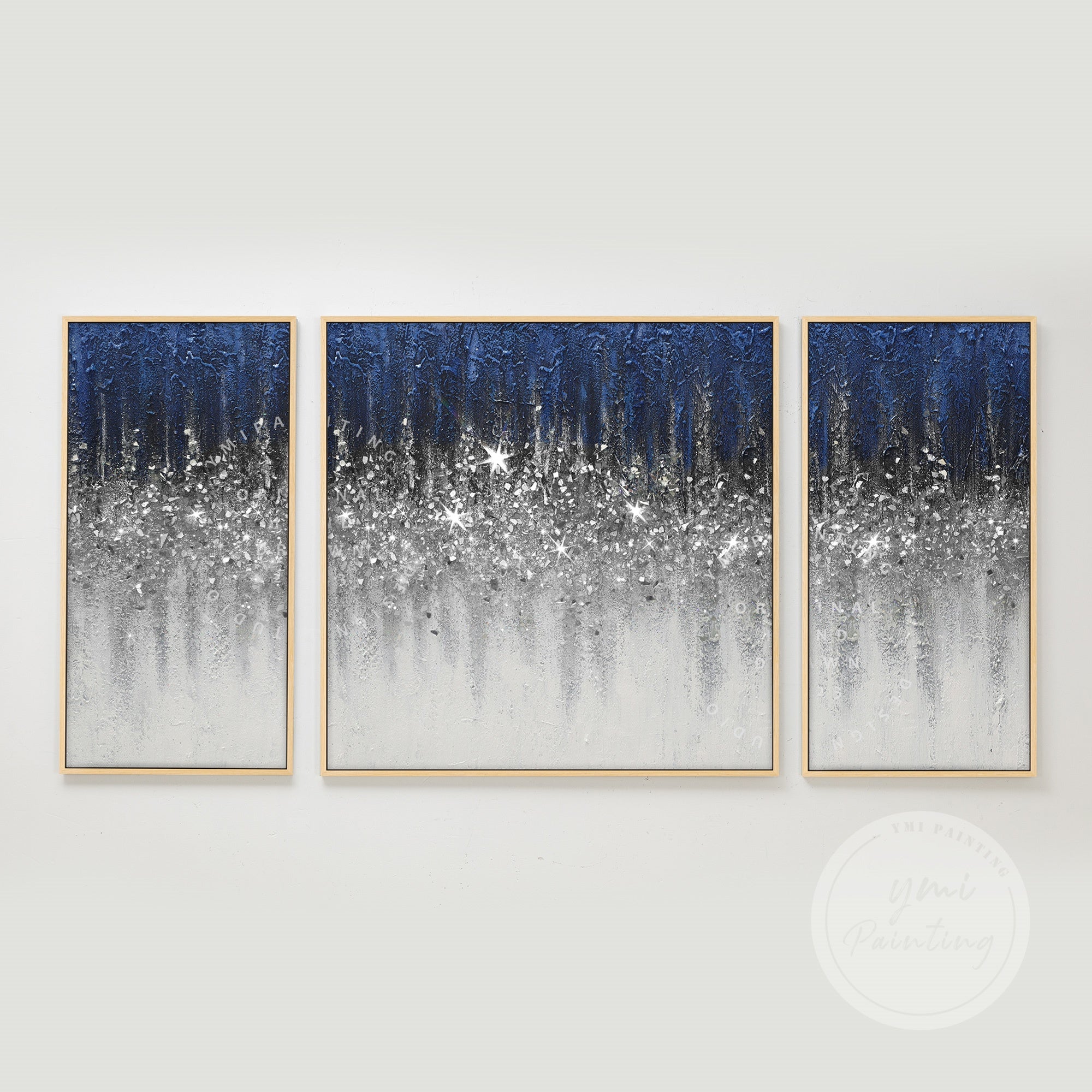Set of 3 Blue Crushed Glass Art #YMA0331