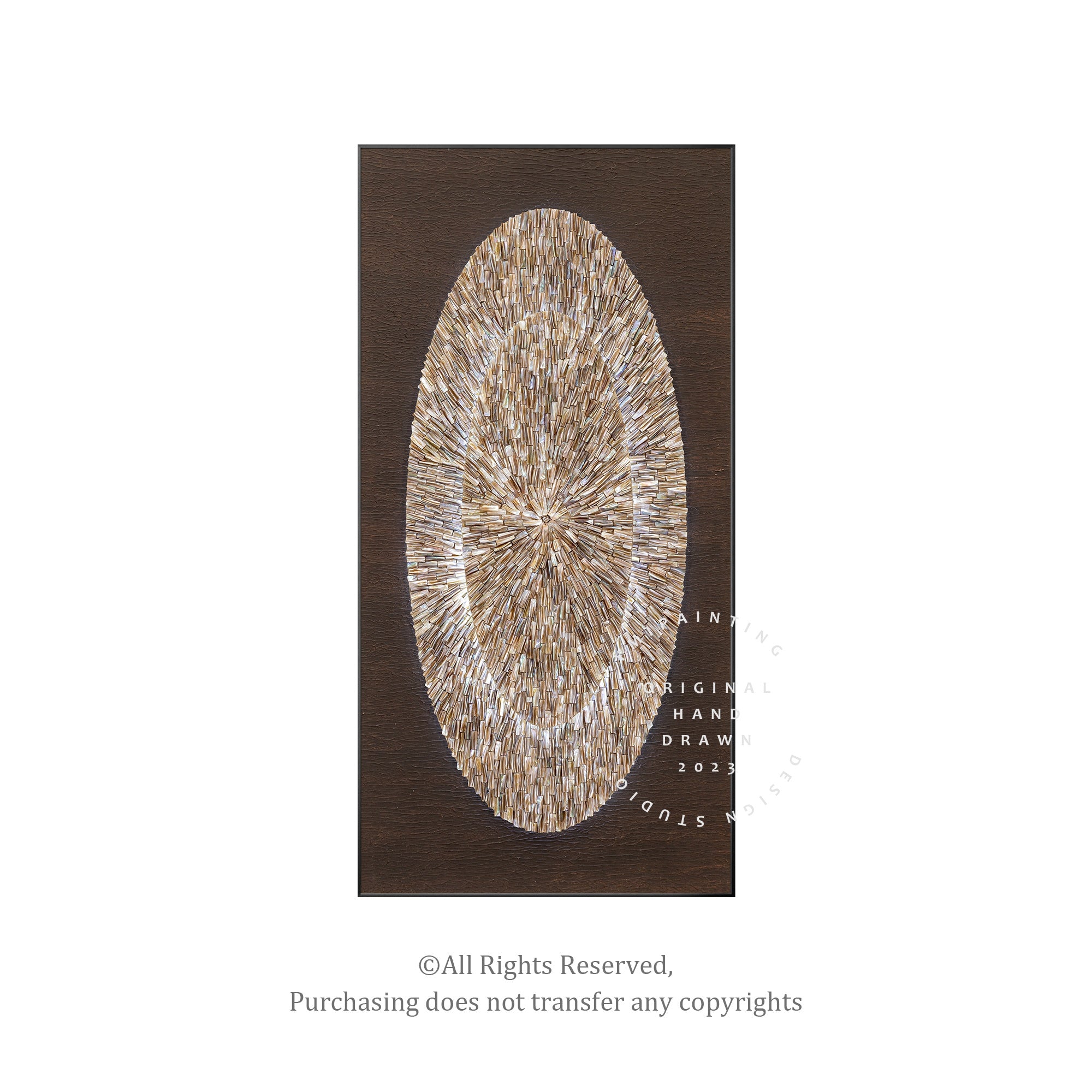 Luxury oval wall decor featuring brown oyster shells in a 3D layered layout with subtle lighting.
