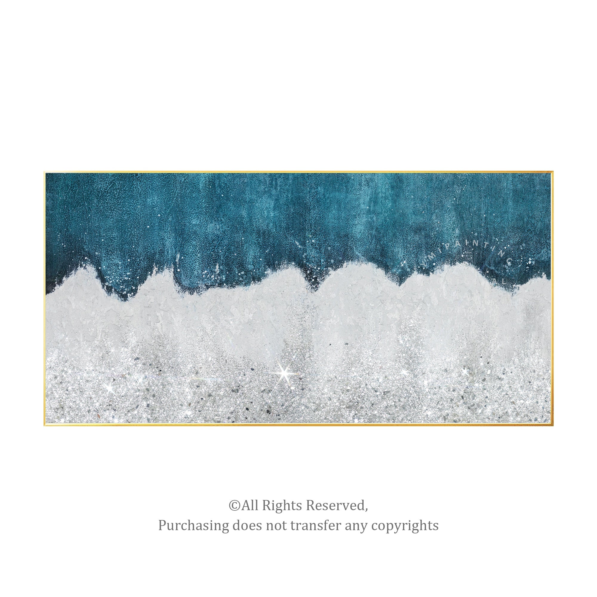 Handcrafted glitter canvas in silver and blue with crushed glass highlights.