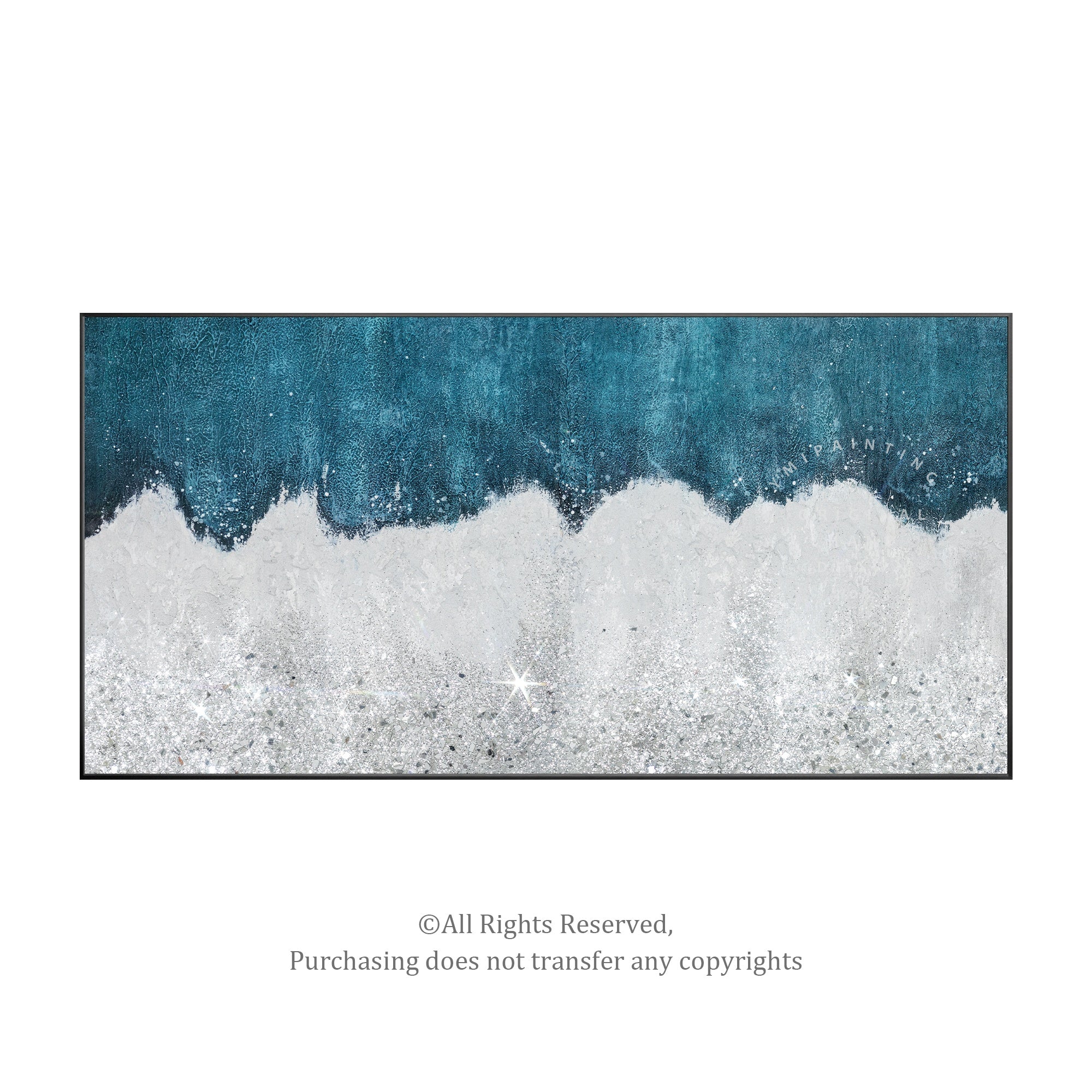 Unique crushed glass painting with blue glitter and shiny silver elements.